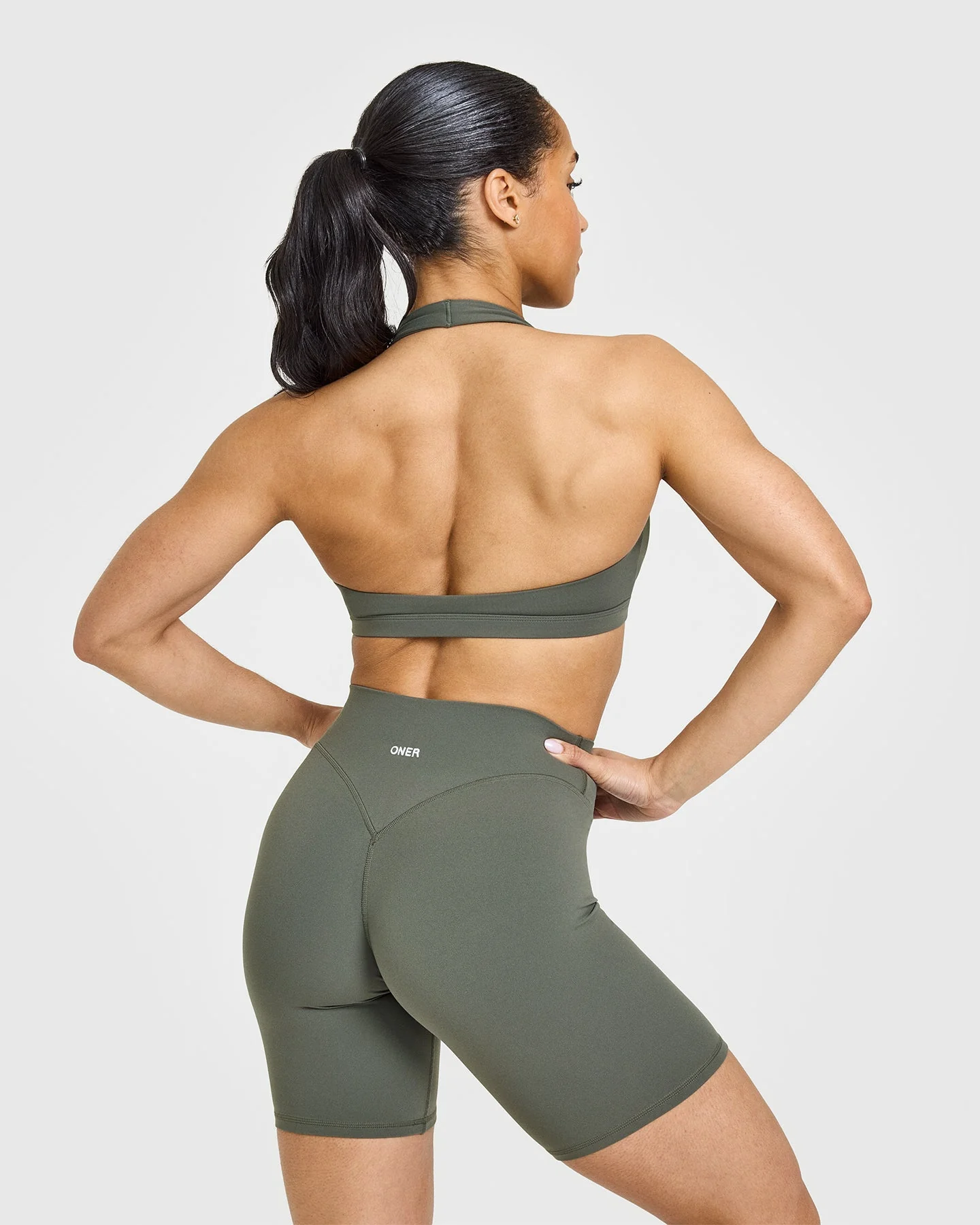 EasyLift™ Halter Bralette with White Logo | Dark Khaki - Image 2