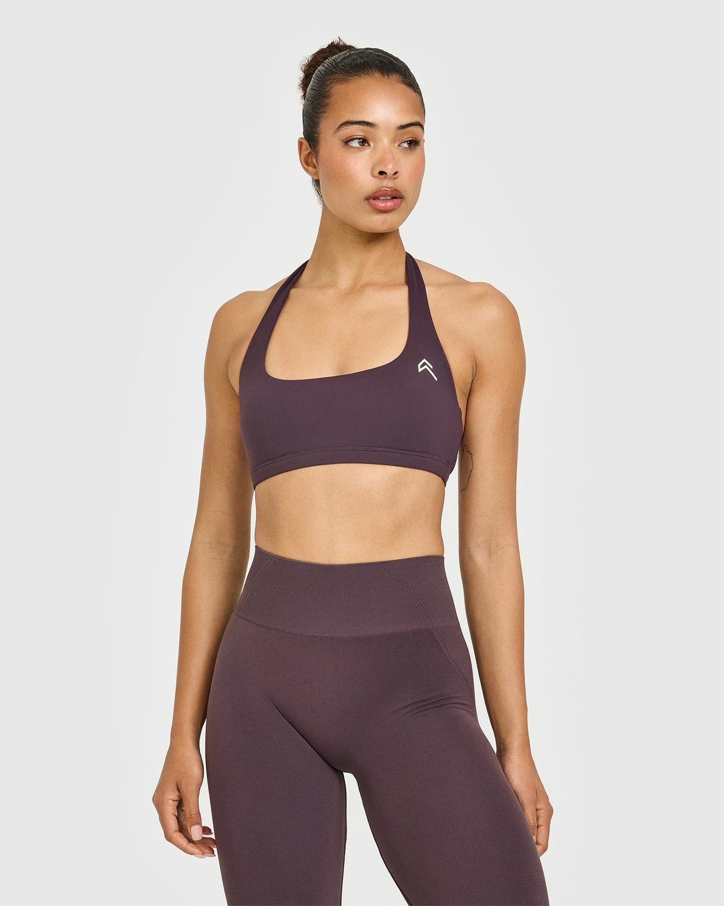 EasyLift™ Halter Bralette with White Logo | Dark Umber Brown