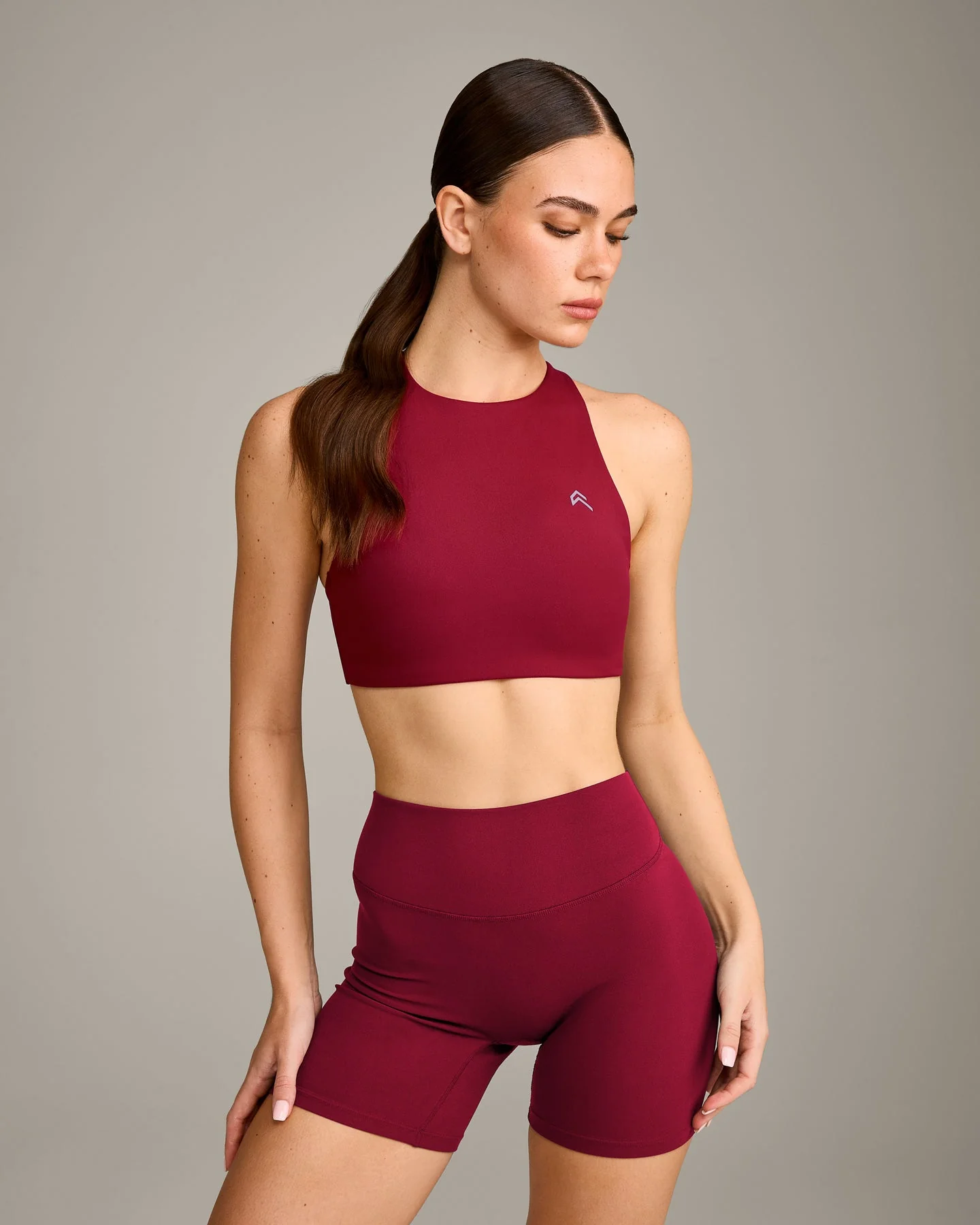 EasyLift™ High Neck Sports Bra with Grey Logo | Ruby Red - Image 5