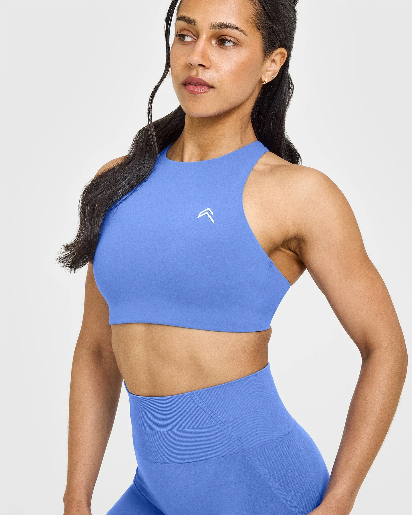 EasyLift™ High Neck Sports Bra with White Logo | Glaucous Blue - Image 4