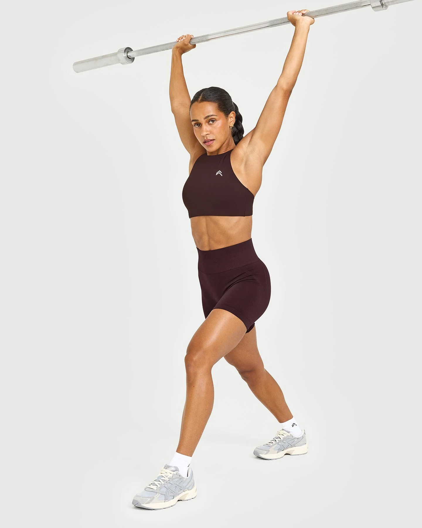 EasyLift™ High Neck Sports Bra with White Logo | Plum Brown - Image 3