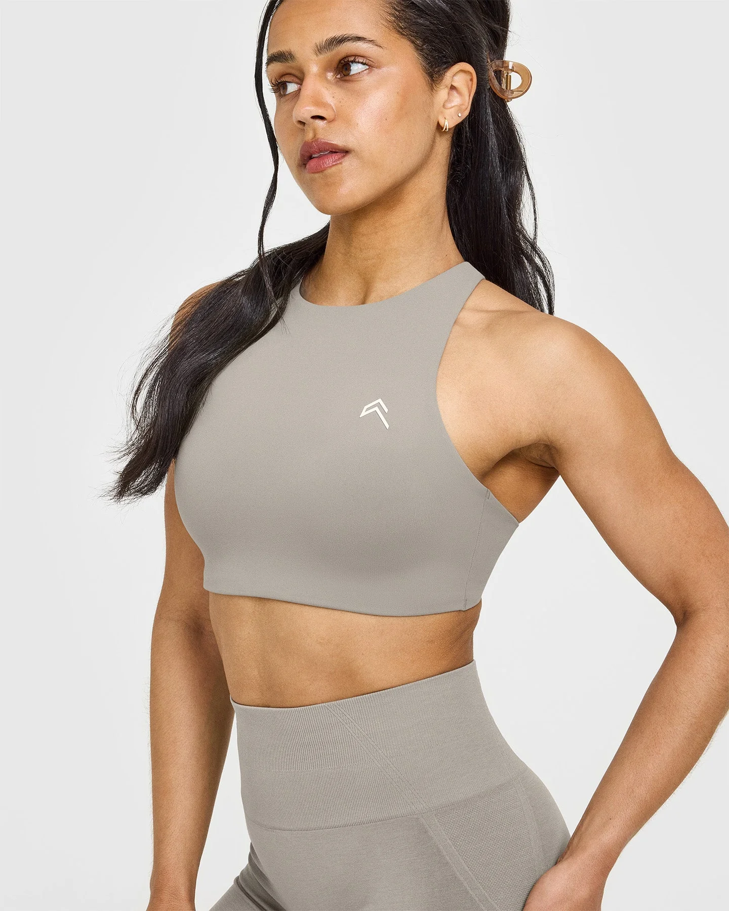 EasyLift™ High Neck Sports Bra with White Logo | Warm Sand - Image 5