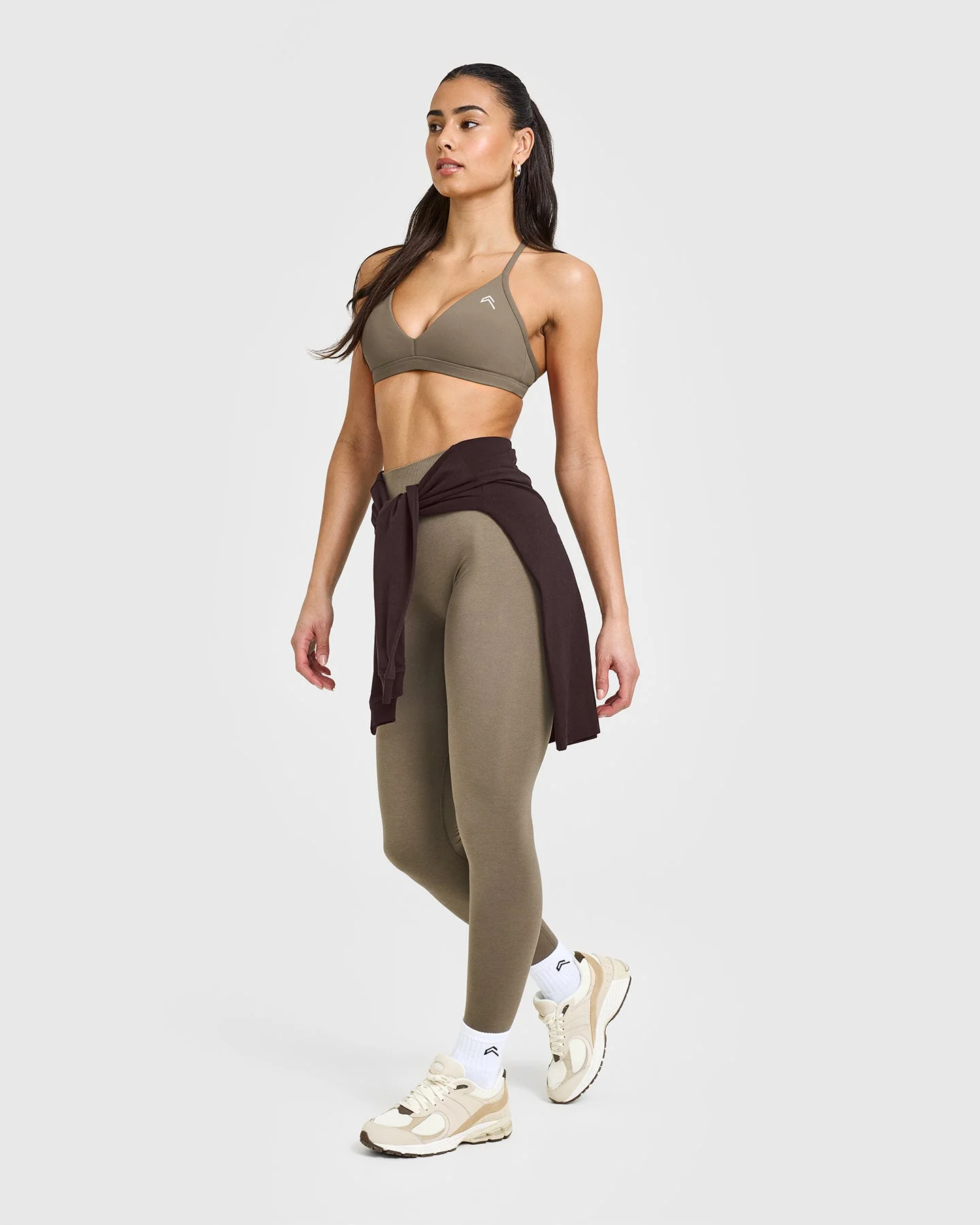 EasyLift™ Ultra Minimal V Neck Bralette with White Logo | Moss Brown - Image 2