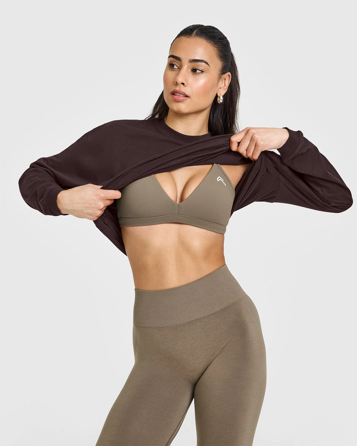 EasyLift™ Ultra Minimal V Neck Bralette with White Logo | Moss Brown - Image 3