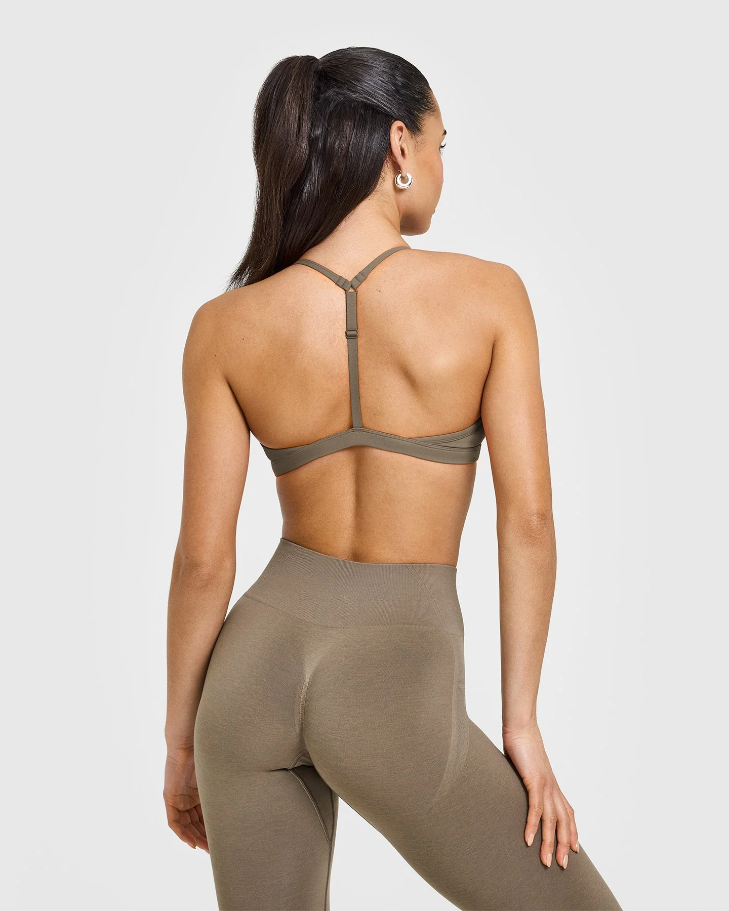 EasyLift™ Ultra Minimal V Neck Bralette with White Logo | Moss Brown - Image 4