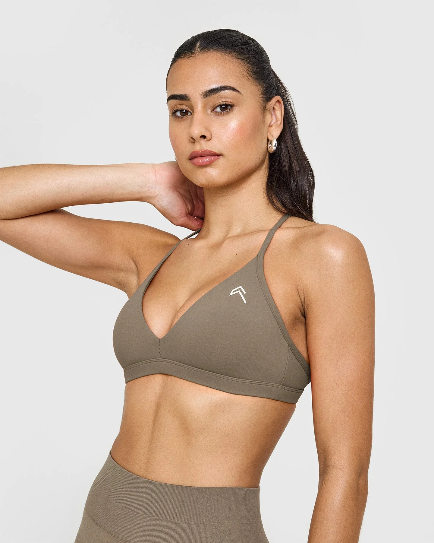 EasyLift™ Ultra Minimal V Neck Bralette with White Logo | Moss Brown - Image 5