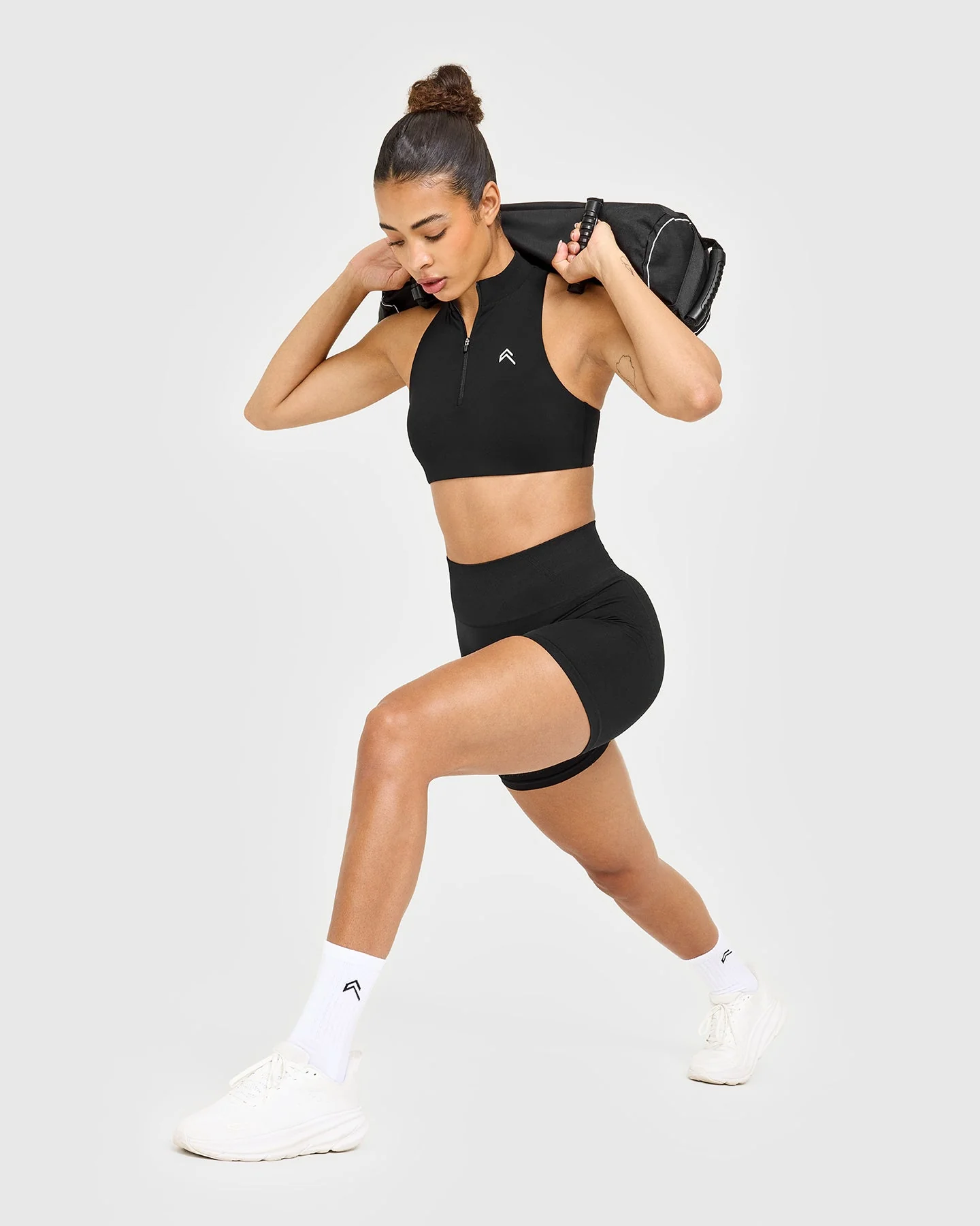 EasyLift™ Zip High Neck Sports Bra with White Logo | Black - Image 6