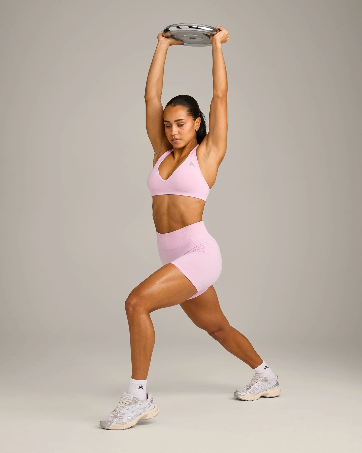 EffortlessLift™ Seamless Halter Neck Sports Bra with Grey Logo | Chalk Pink - Image 6
