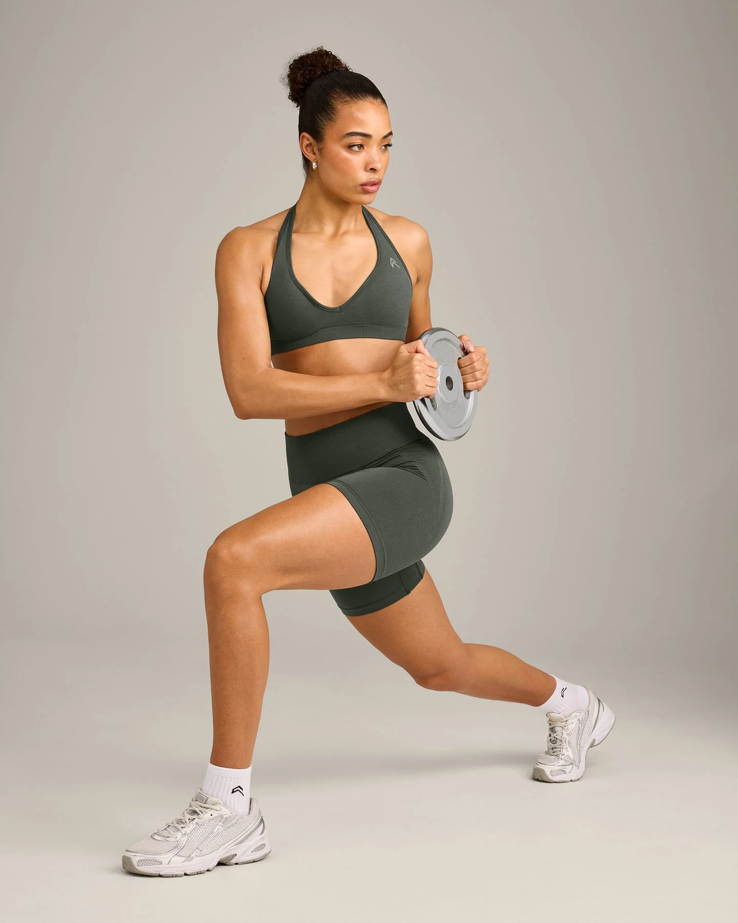 EffortlessLift™ Seamless Halter Neck Sports Bra with Grey Logo | Dark Khaki - Image 3