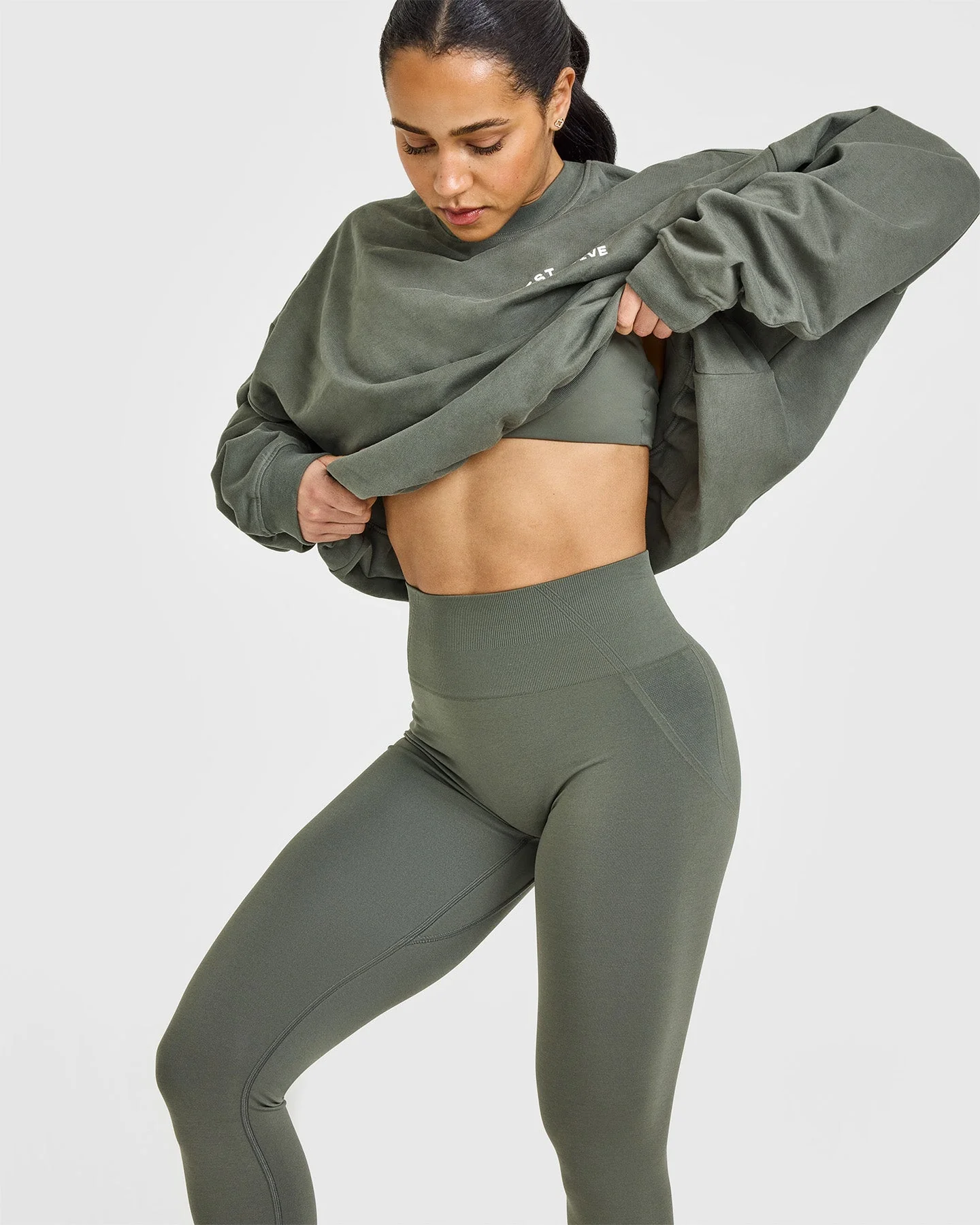 EffortlessLift™ Seamless Leggings with White Logo | Dark Khaki - Image 6