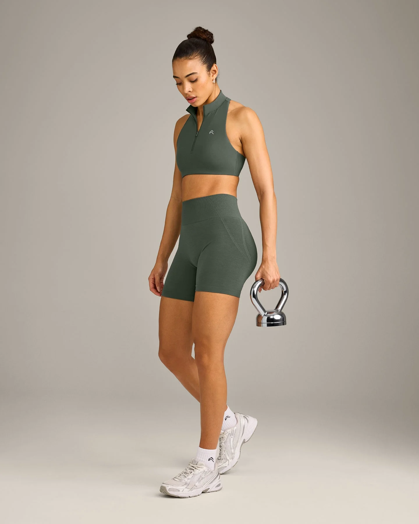 EffortlessLift™ Seamless Shorts with Grey Logo | Dark Khaki - Image 3