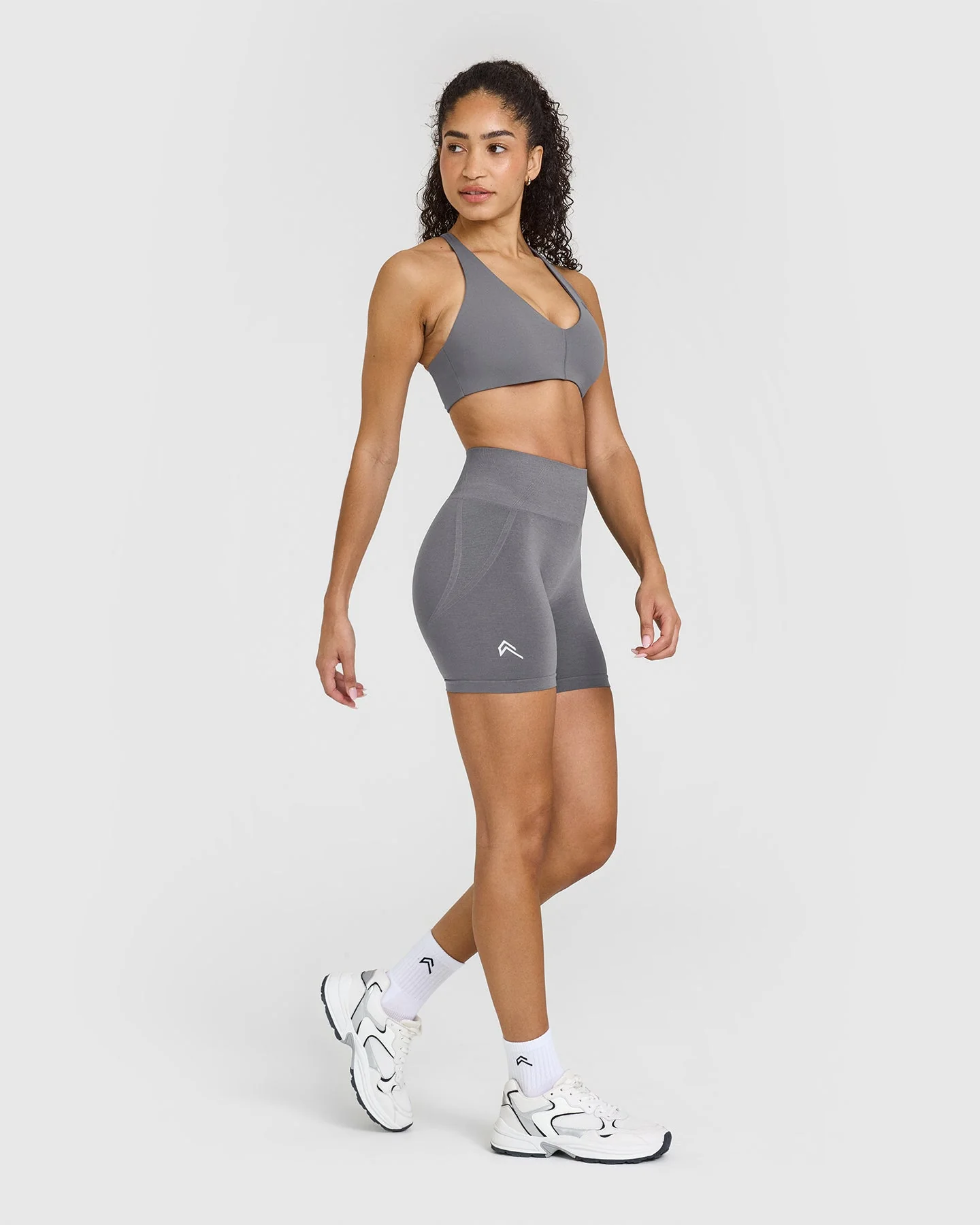 EffortlessLift™ Seamless Shorts with White Logo | Ash Grey - Image 3