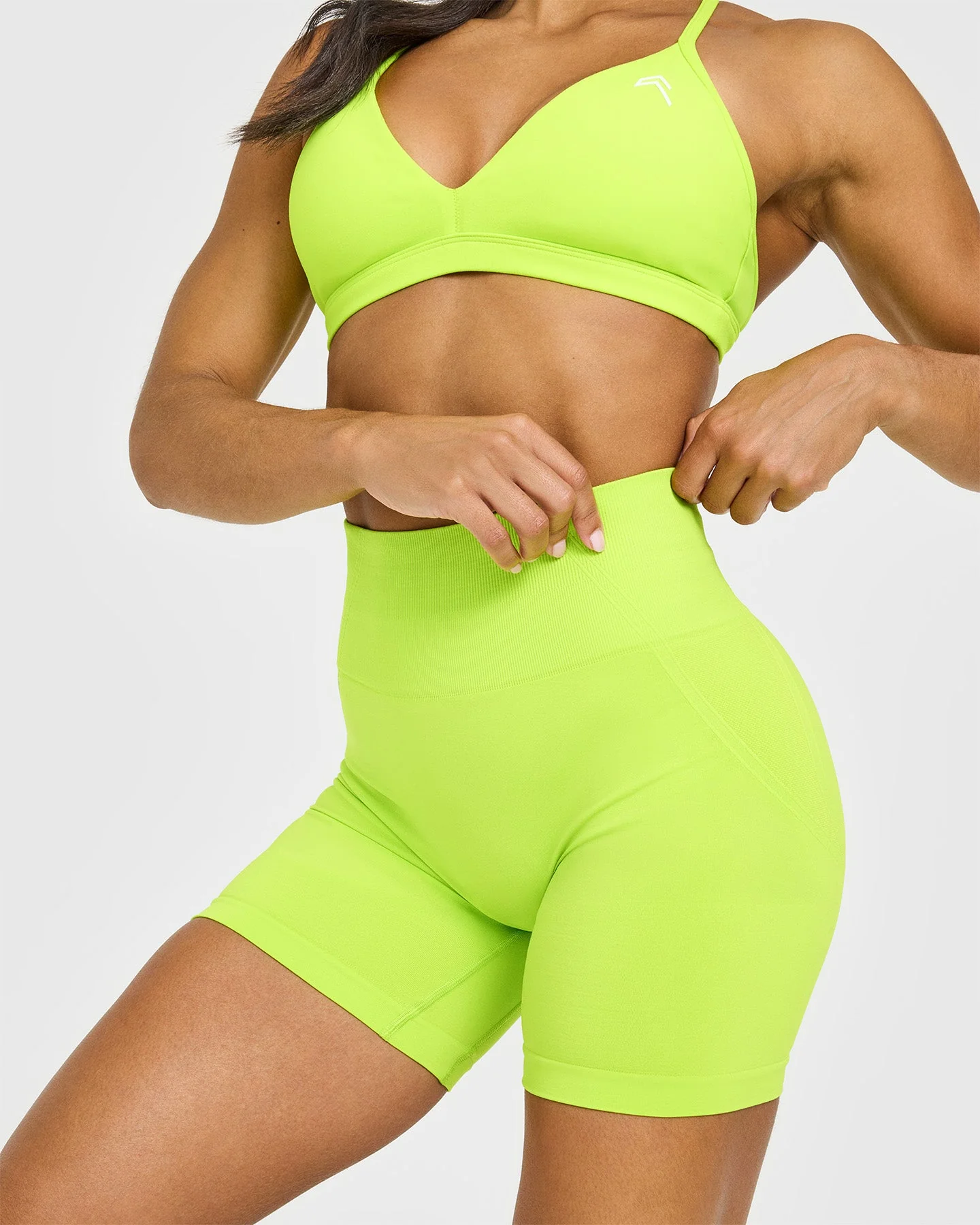 EffortlessLift™ Seamless Shorts with White Logo | Charged Lime Green - Image 5