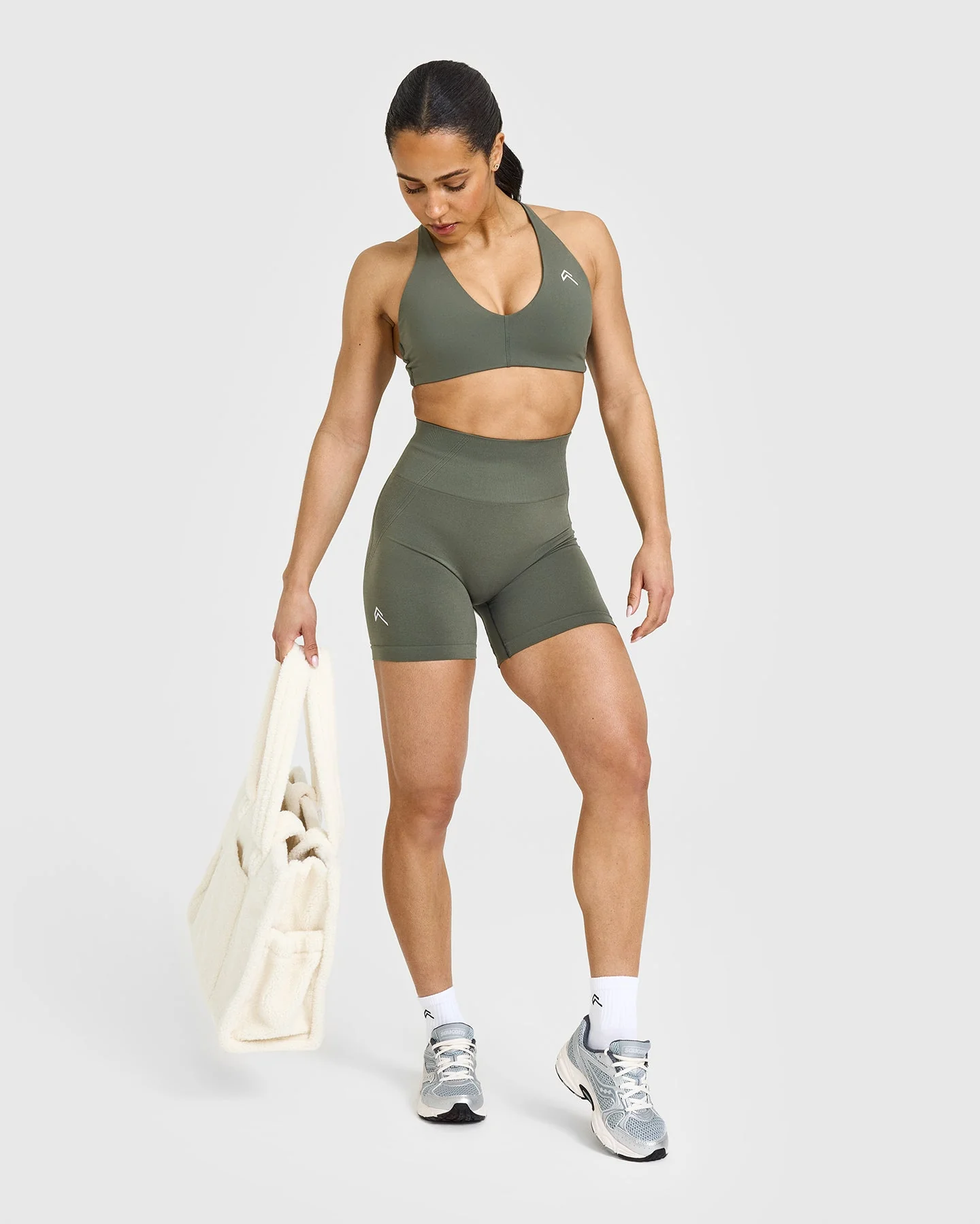 EffortlessLift™ Seamless Shorts with White Logo | Dark Khaki - Image 3