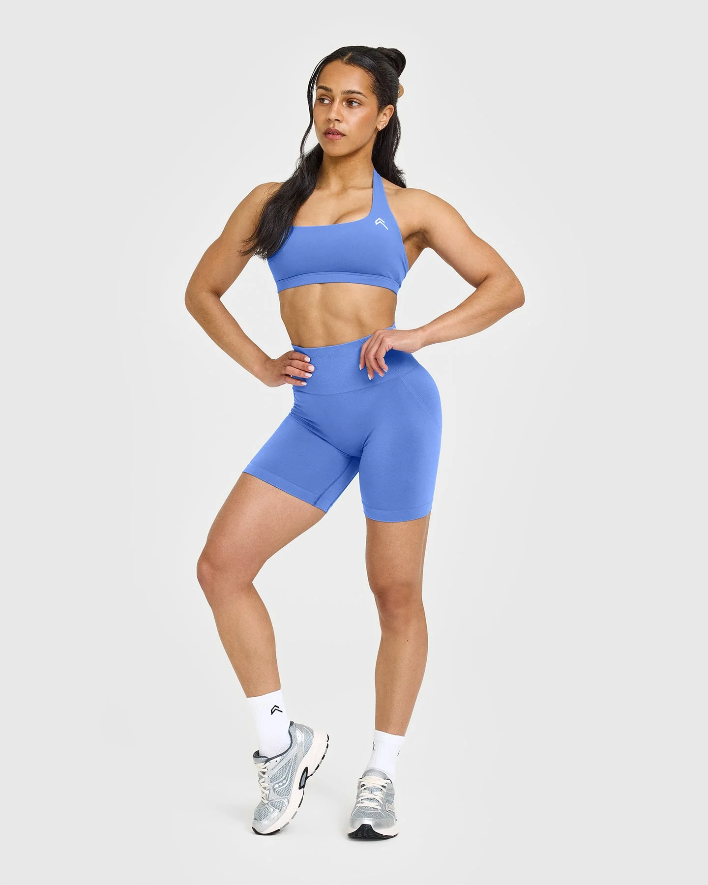 EffortlessLift™ Seamless Shorts with White Logo | Glaucous Blue - Image 3