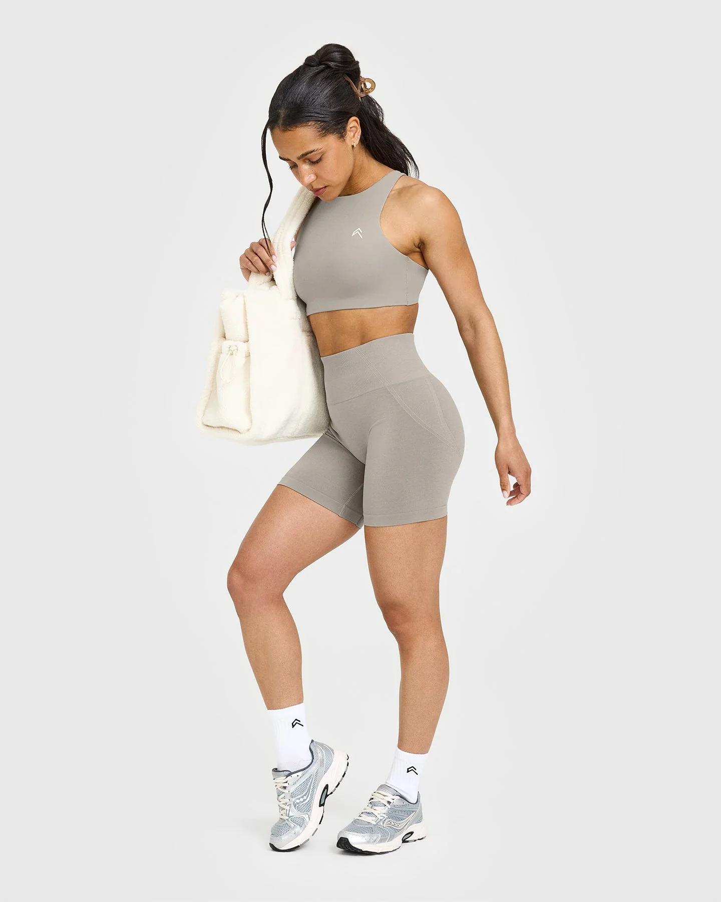 EffortlessLift™ Seamless Shorts with White Logo | Warm Sand - Image 6