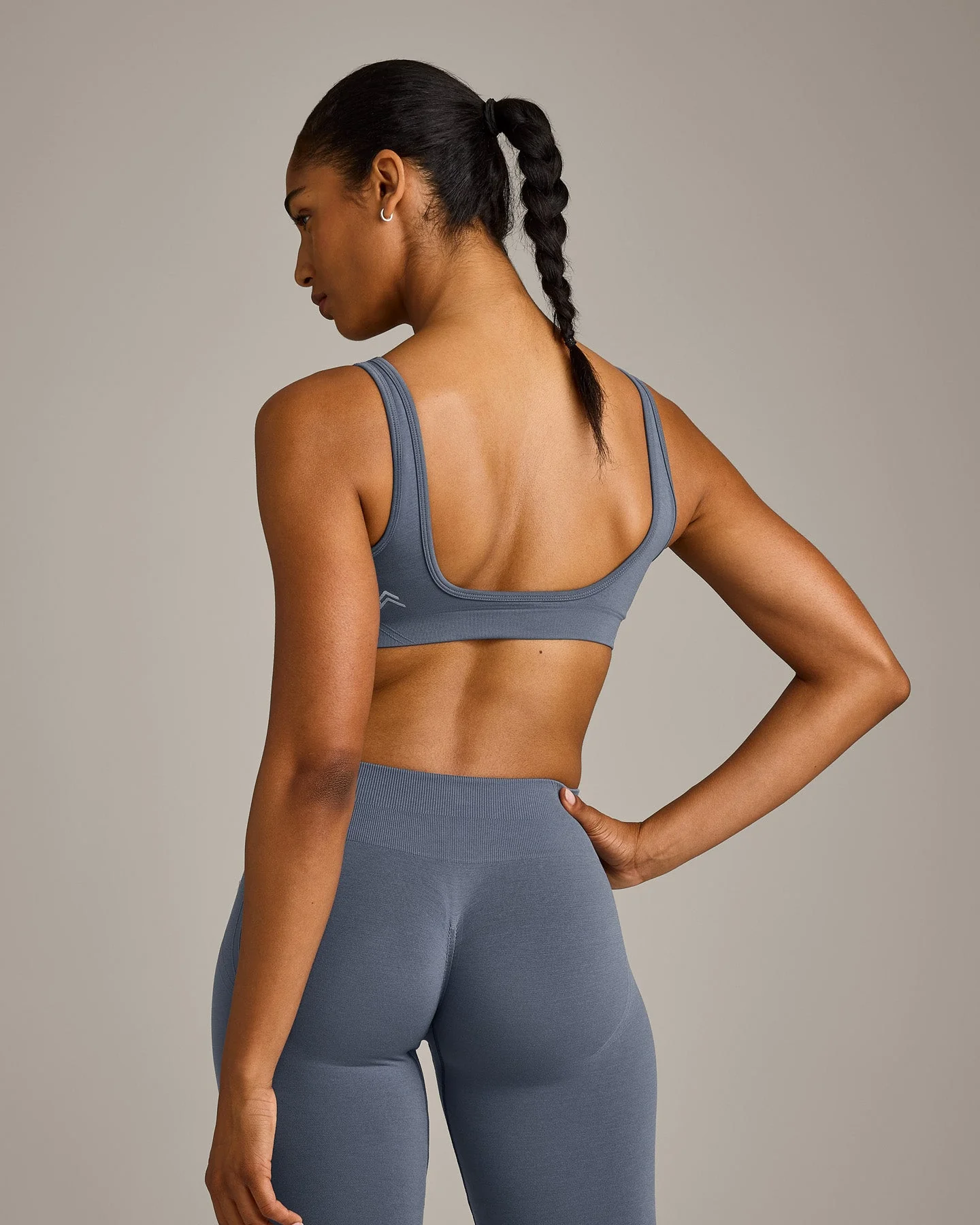 EffortlessLift™ Square Neck Sports Bra with Grey Logo | Light Granite Blue - Image 5