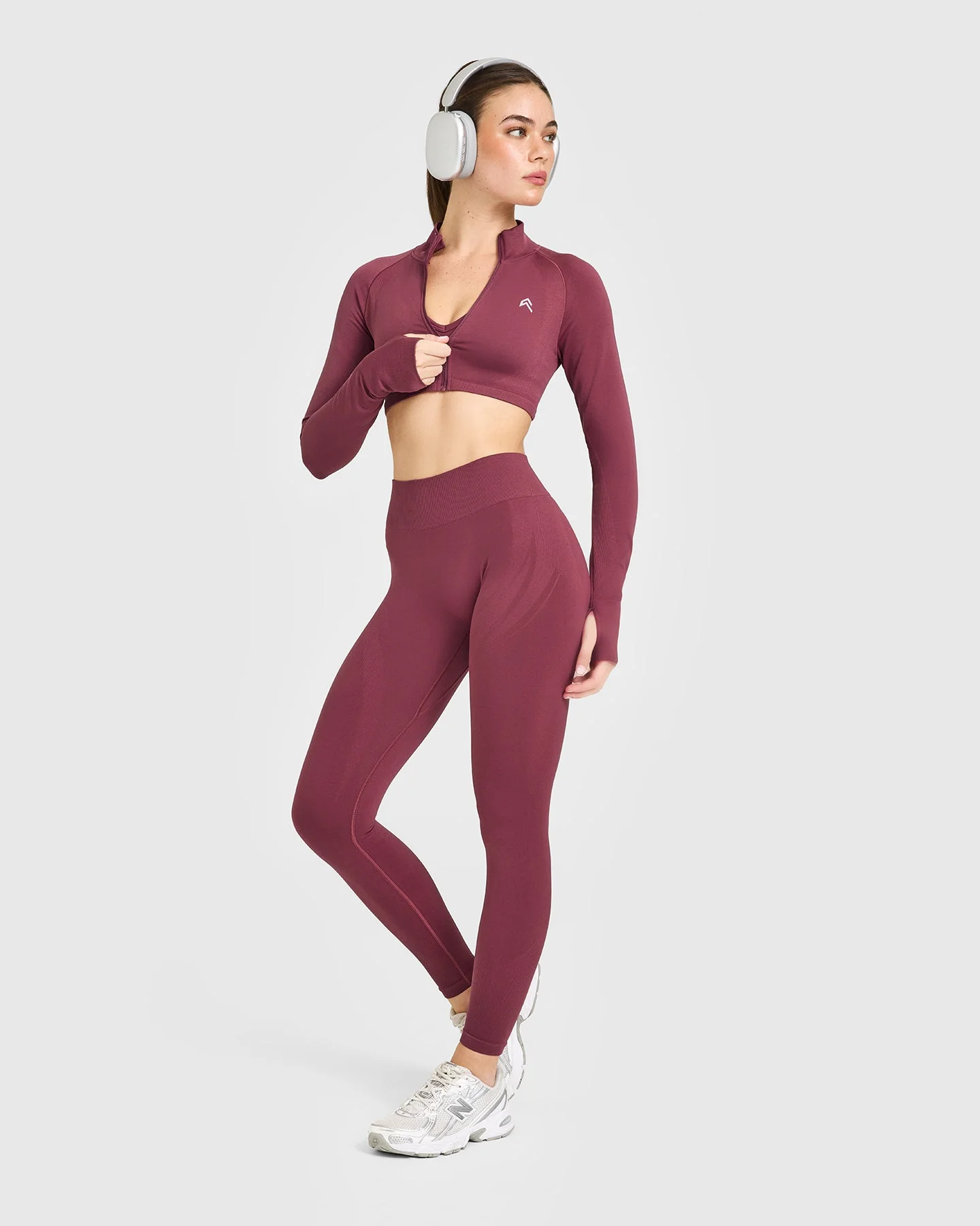 EnhanceLift™ Seamless Crop Jacket with White Logo | Burnt Maroon - Image 3