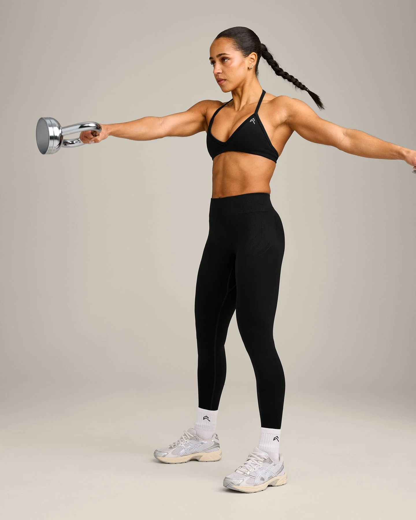 EnhanceLift™ Seamless Minimal Halter Neck Bralette with Grey Logo | Black - Image 3