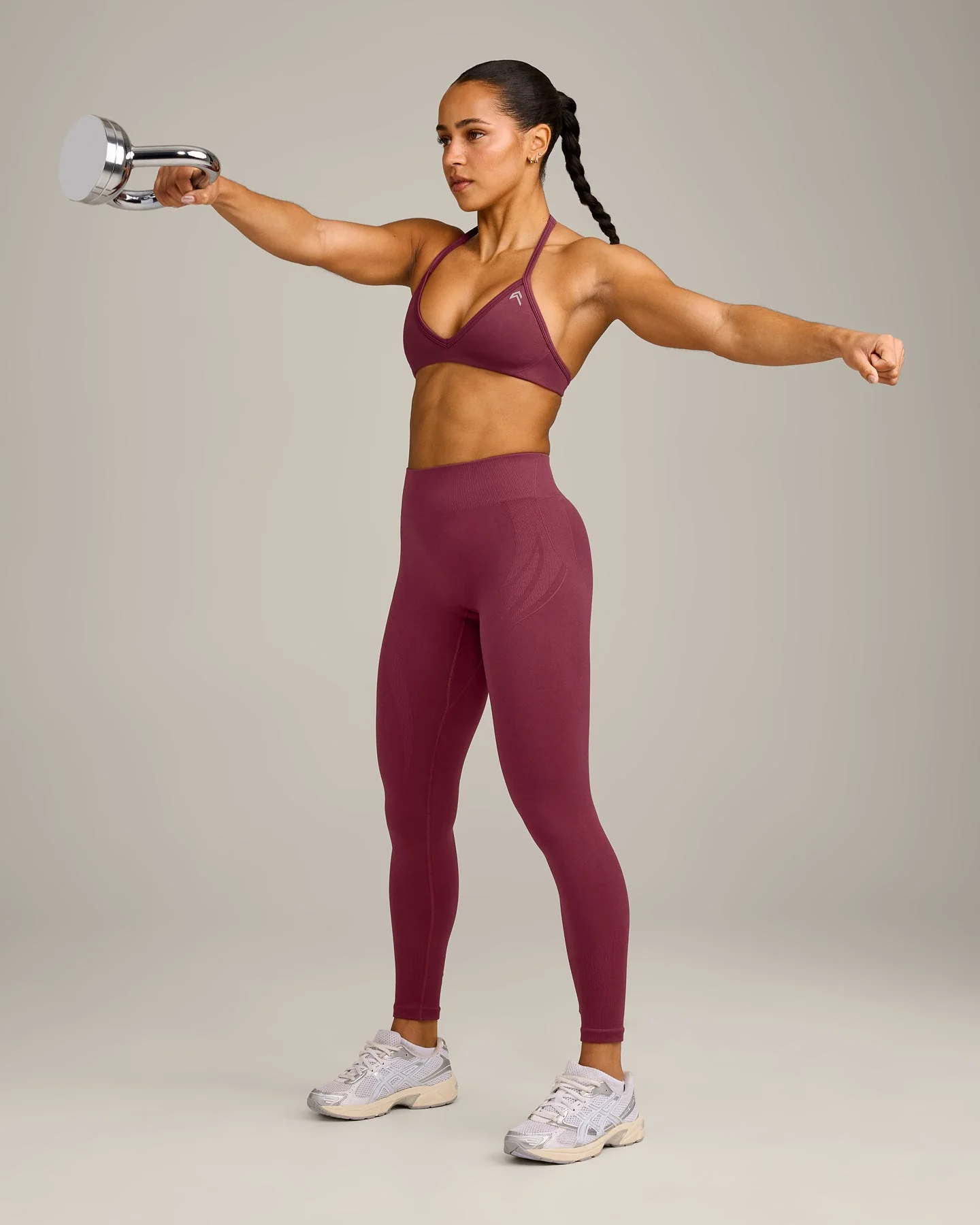 EnhanceLift™ Seamless Minimal Halter Neck Bralette with Grey Logo | Burnt Maroon - Image 3