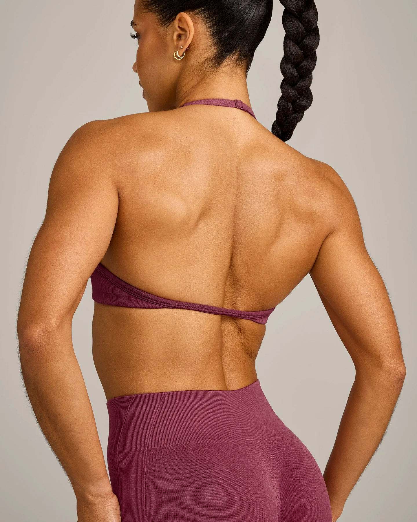 EnhanceLift™ Seamless Minimal Halter Neck Bralette with Grey Logo | Burnt Maroon - Image 4