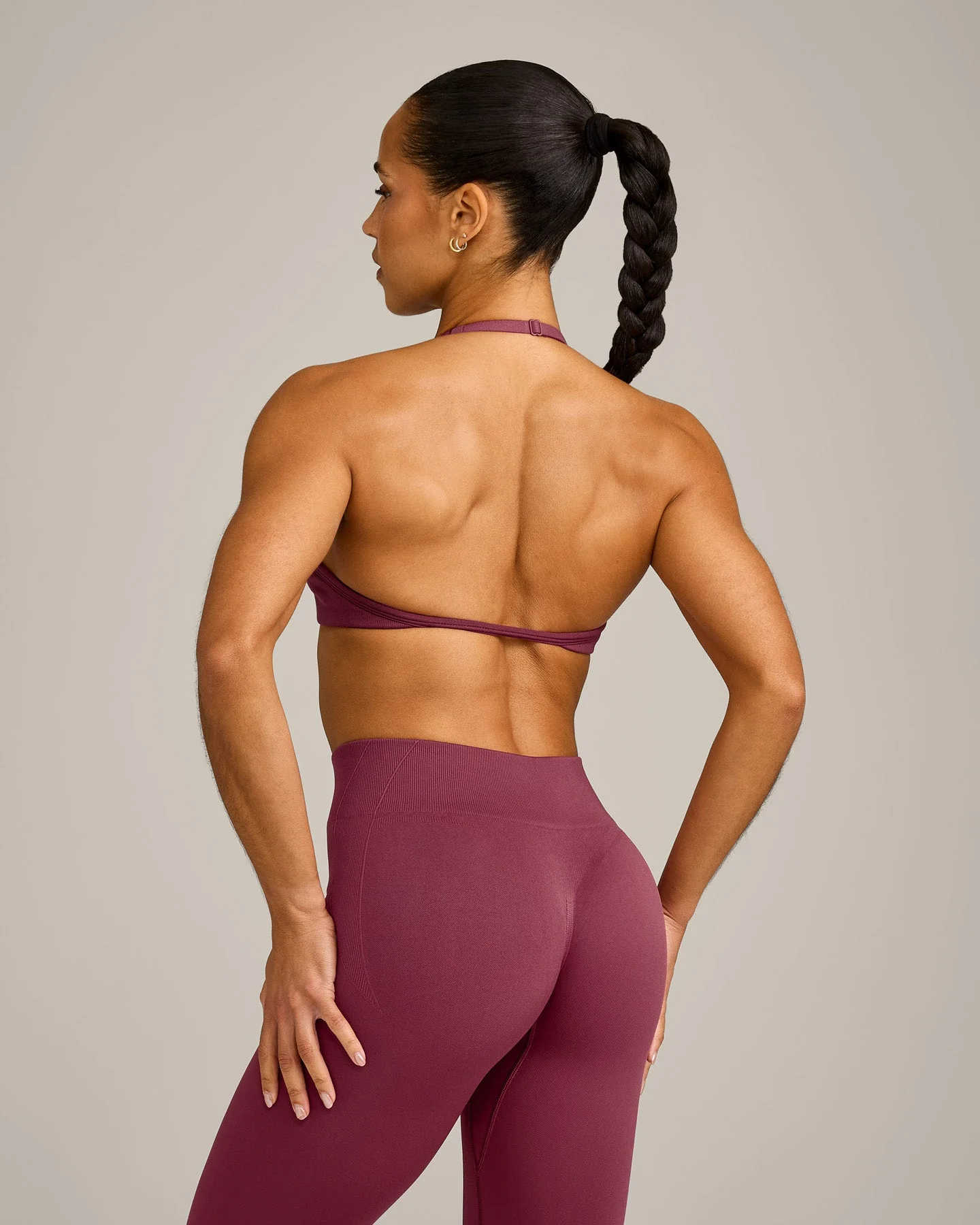 EnhanceLift™ Seamless Minimal Halter Neck Bralette with Grey Logo | Burnt Maroon - Image 5