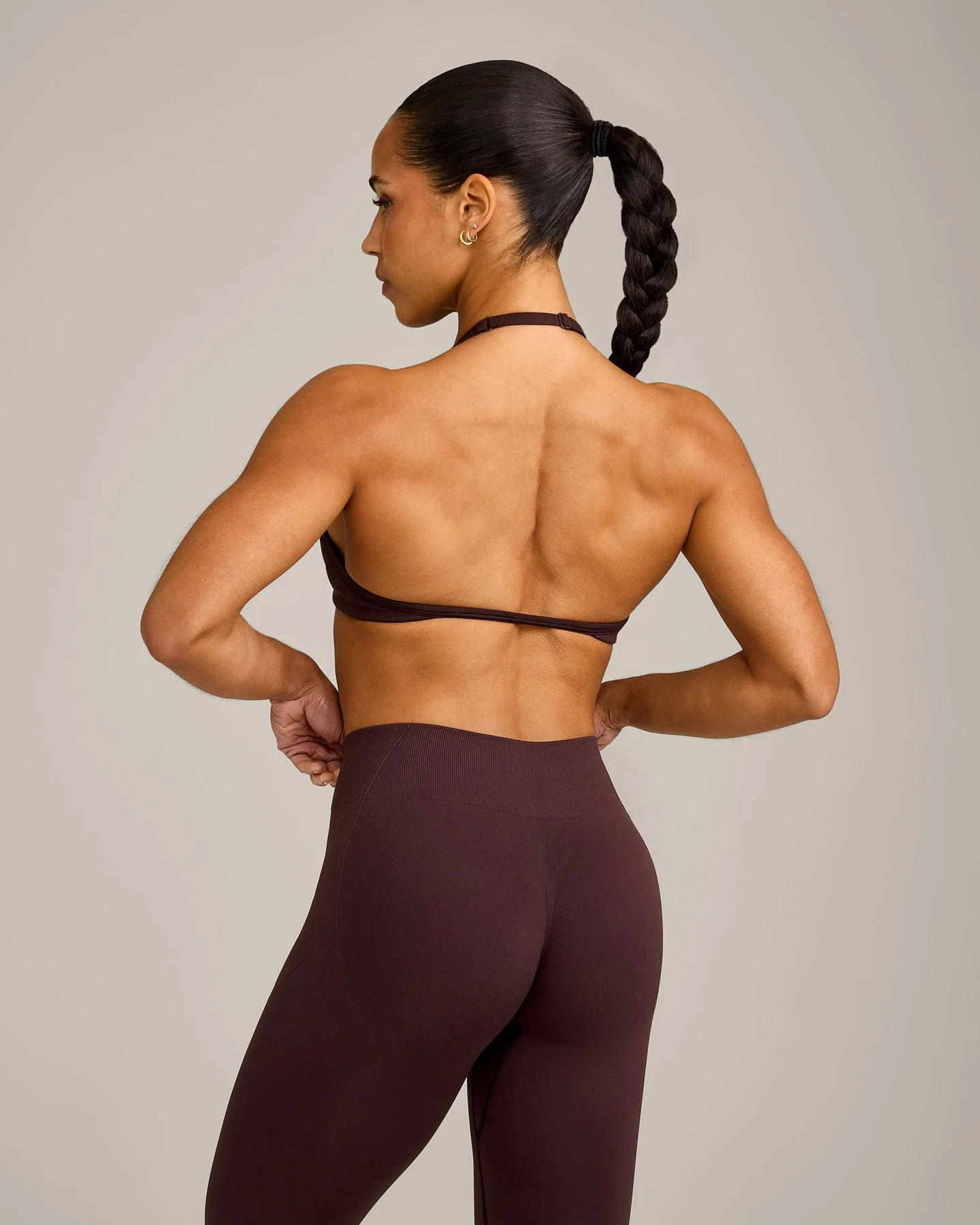 EnhanceLift™ Seamless Minimal Halter Neck Bralette with Grey Logo | Plum Brown - Image 2