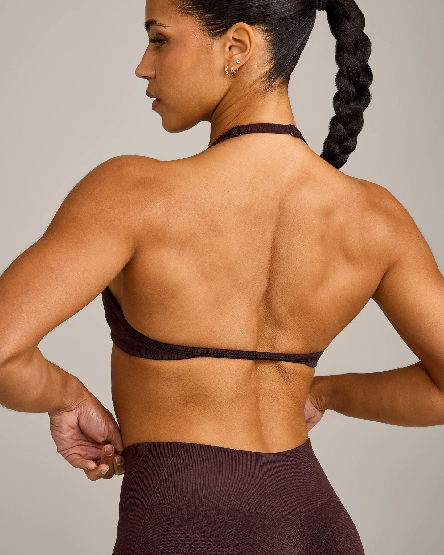 EnhanceLift™ Seamless Minimal Halter Neck Bralette with Grey Logo | Plum Brown - Image 4