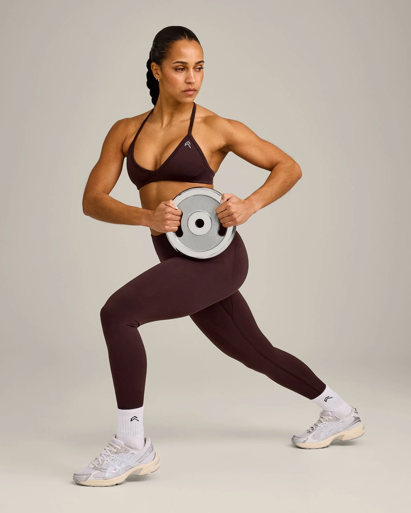 EnhanceLift™ Seamless Minimal Halter Neck Bralette with Grey Logo | Plum Brown - Image 6