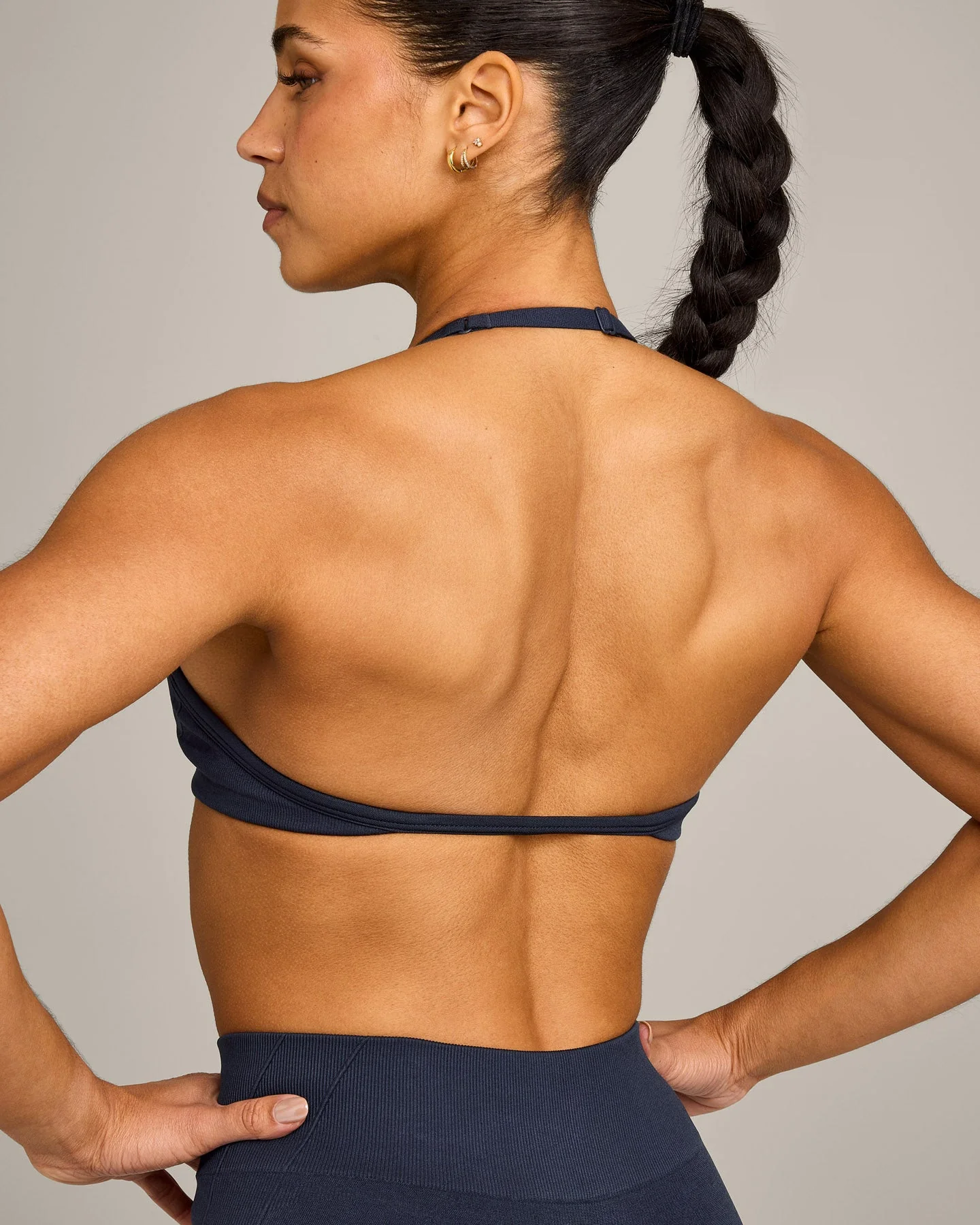 EnhanceLift™ Seamless Minimal Halter Neck Bralette with Grey Logo | True Blue - Image 2