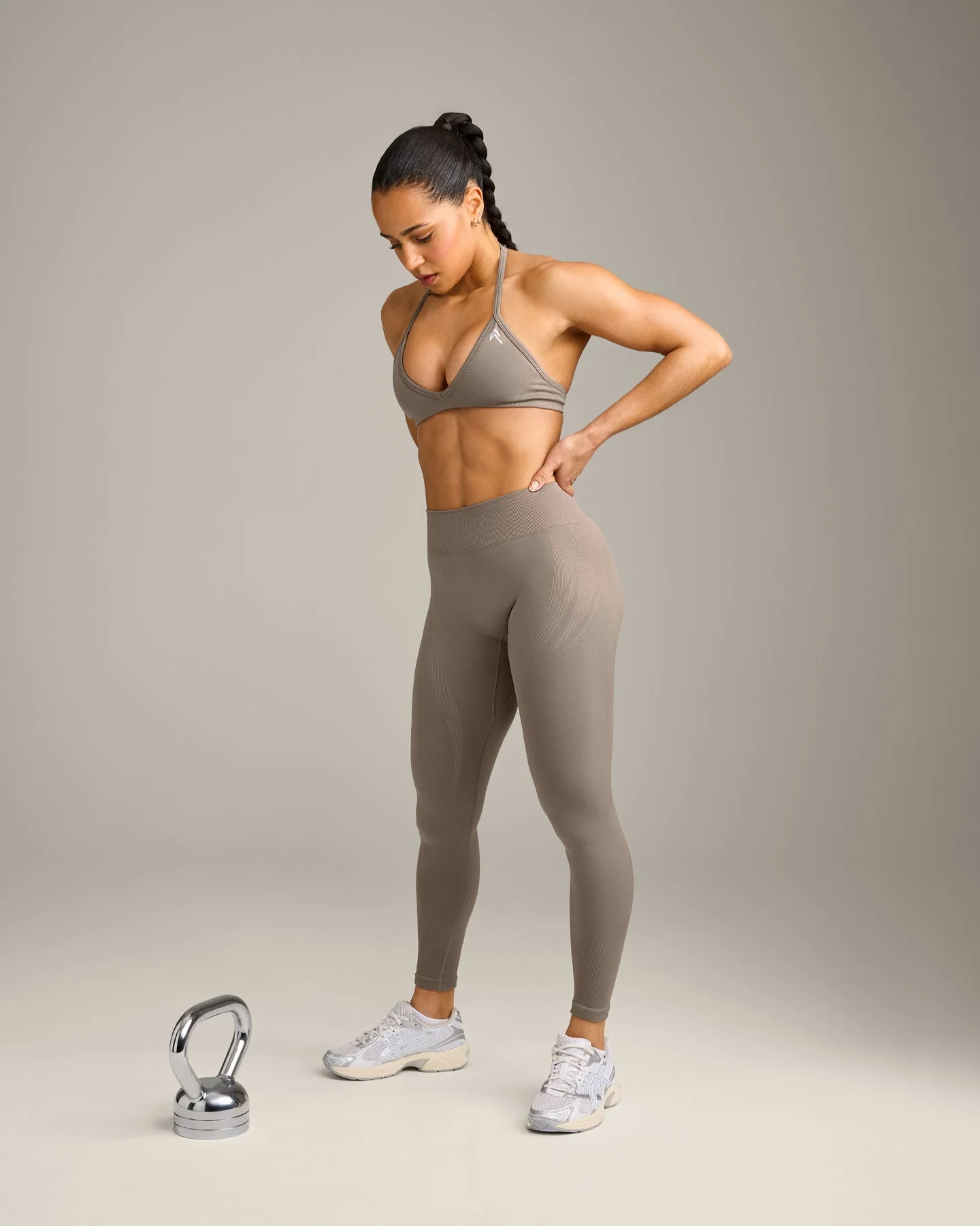 EnhanceLift™ Seamless Minimal Halter Neck Bralette with Grey Logo | Warm Minky - Image 3