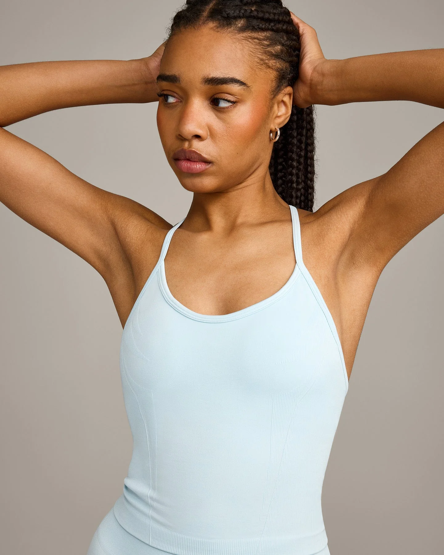 EnhanceLift™ Seamless Strappy Racer Vest with Built in Bra Shelf with Grey Logo | Cloud Blue - Image 4