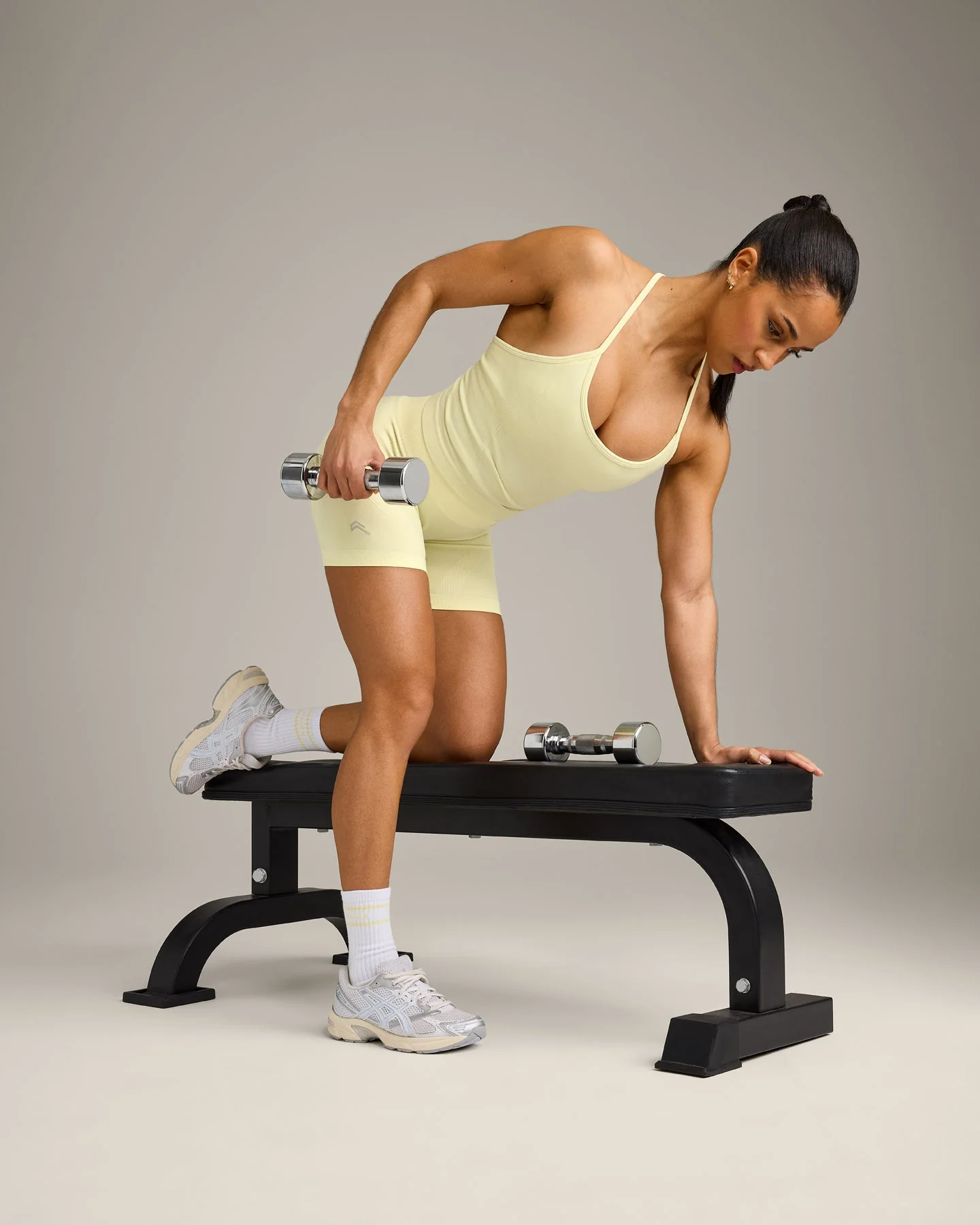 EnhanceLift™ Seamless Strappy Racer Vest with Built in Bra Shelf with Grey Logo | Pastel Yellow - Image 4