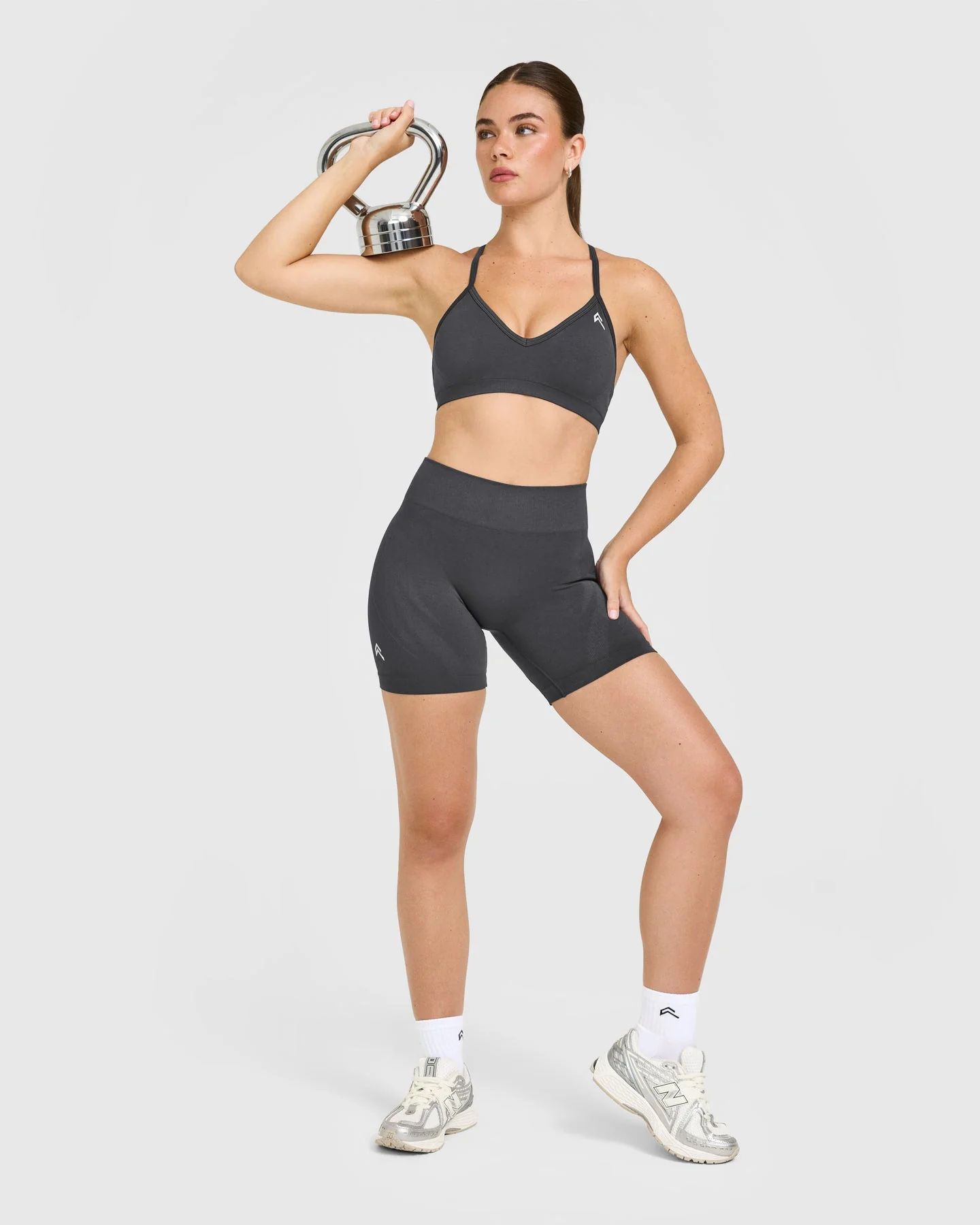 EnhanceLift™ Seamless Strappy Sports Bra with White Logo | Coal - Image 3