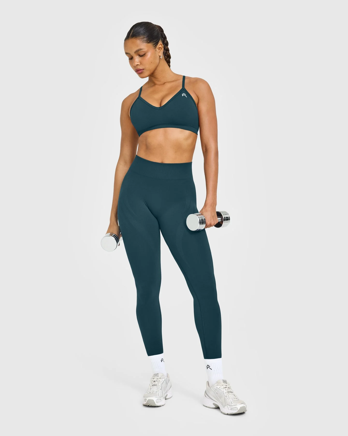 EnhanceLift™ Seamless Strappy Sports Bra with White Logo | Washed Oil Blue - Image 3
