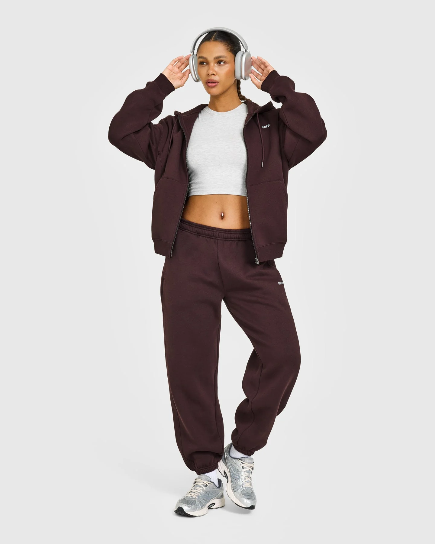 Foundations Zip Through Hoodie with Grey Logo | Plum Brown - Image 2