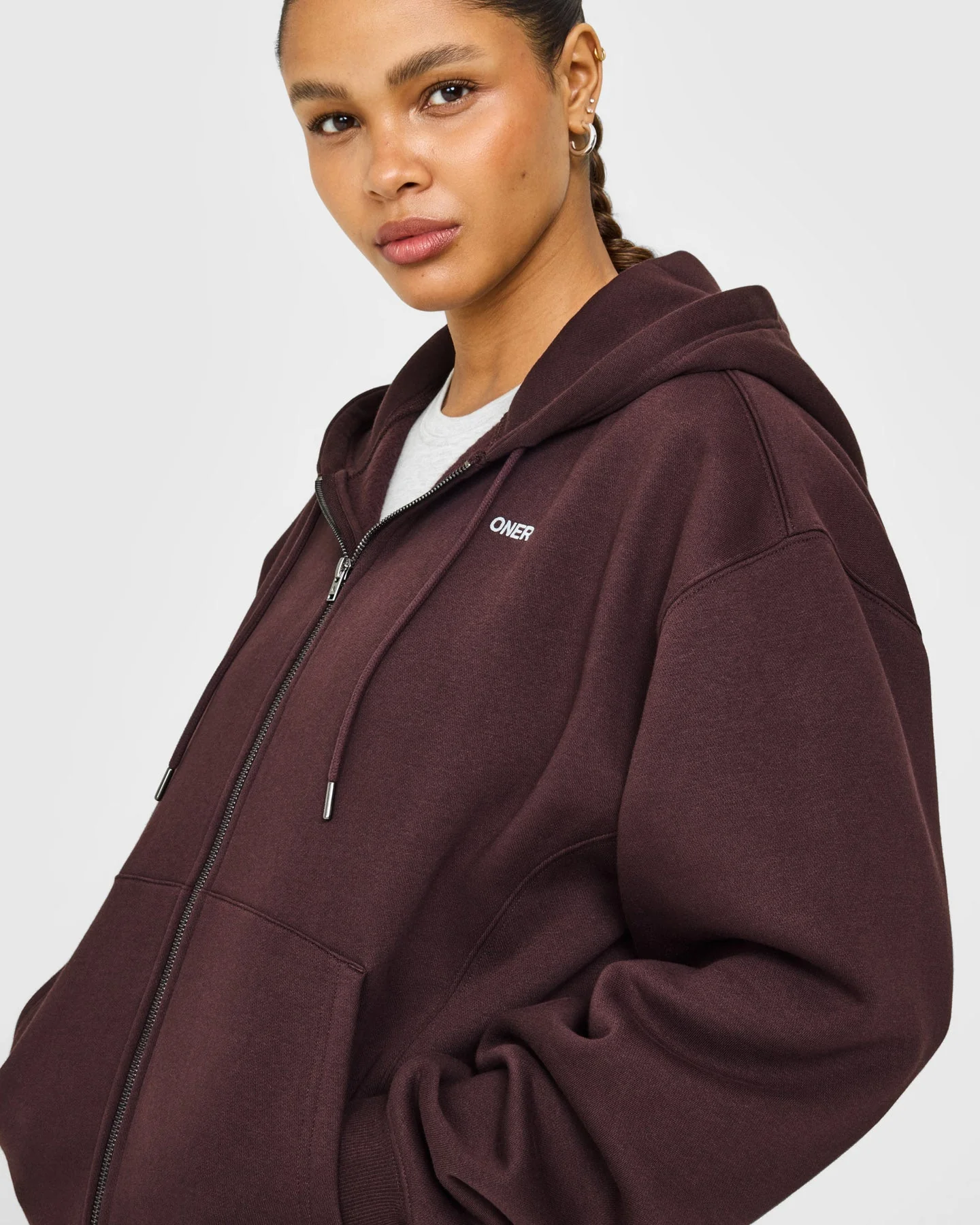 Foundations Zip Through Hoodie with Grey Logo | Plum Brown - Image 4