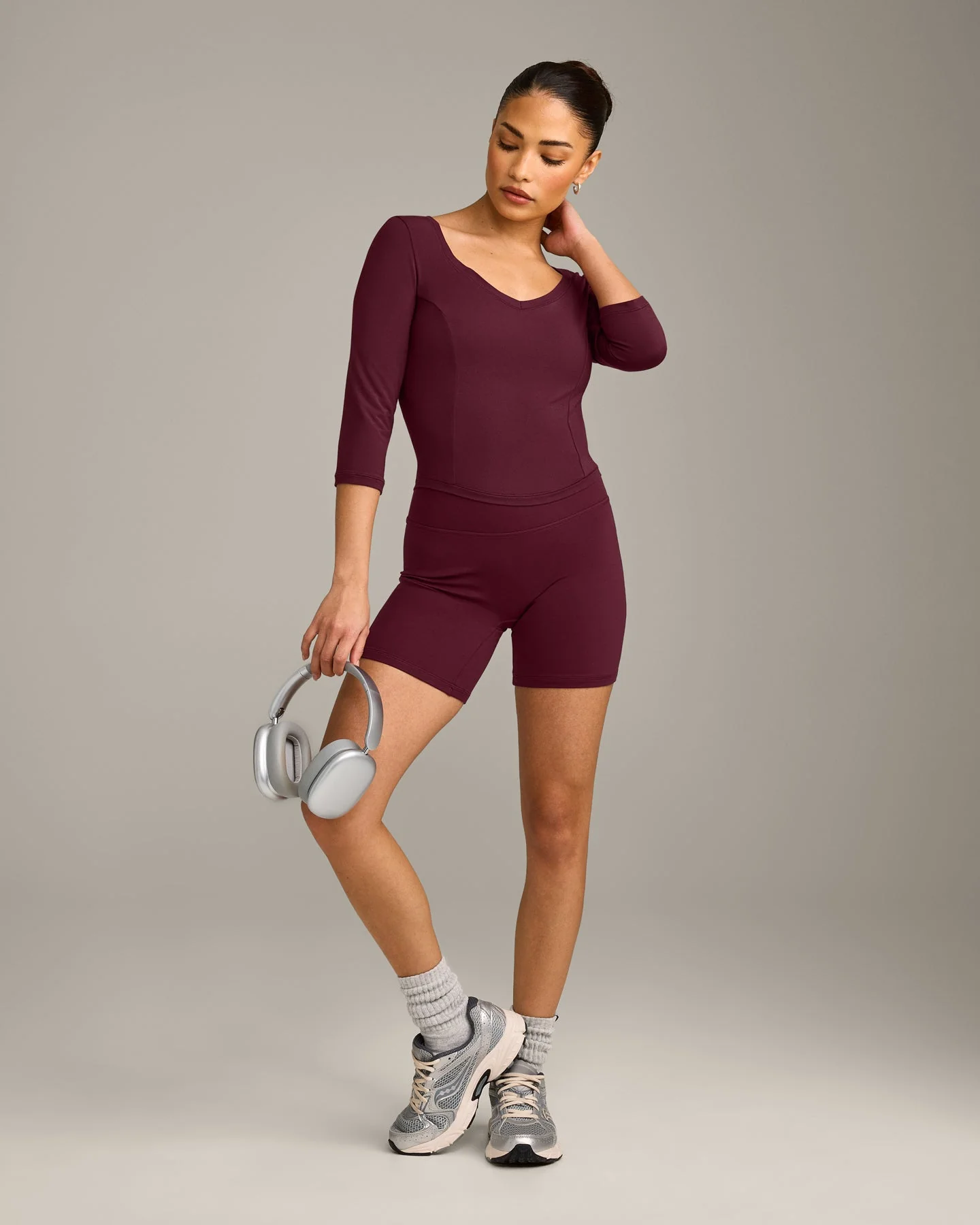 Mellow™ Motion Wide V Neck 3/4 Length Sleeve Mid Top | Cherry Lacquer Purple - Image 3