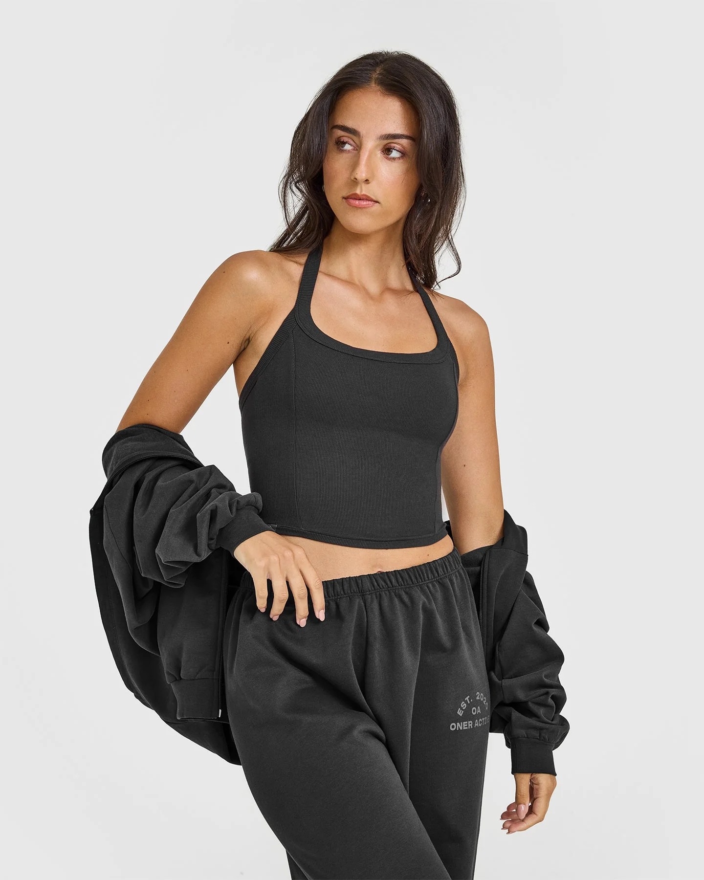 Mellow™ Rib Halter Neck Mid Vest with Built in Bra Shelf | Soft Black - Image 6