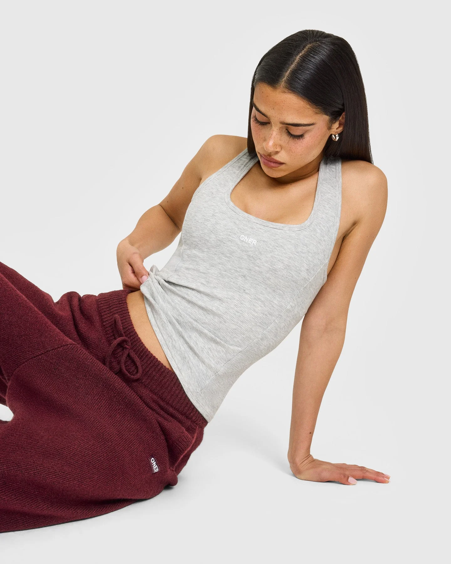 Mellow™ Rib Oner Embroidered Square Neck Vest with Built in Bra Shelf | Light Grey Marl - Image 3