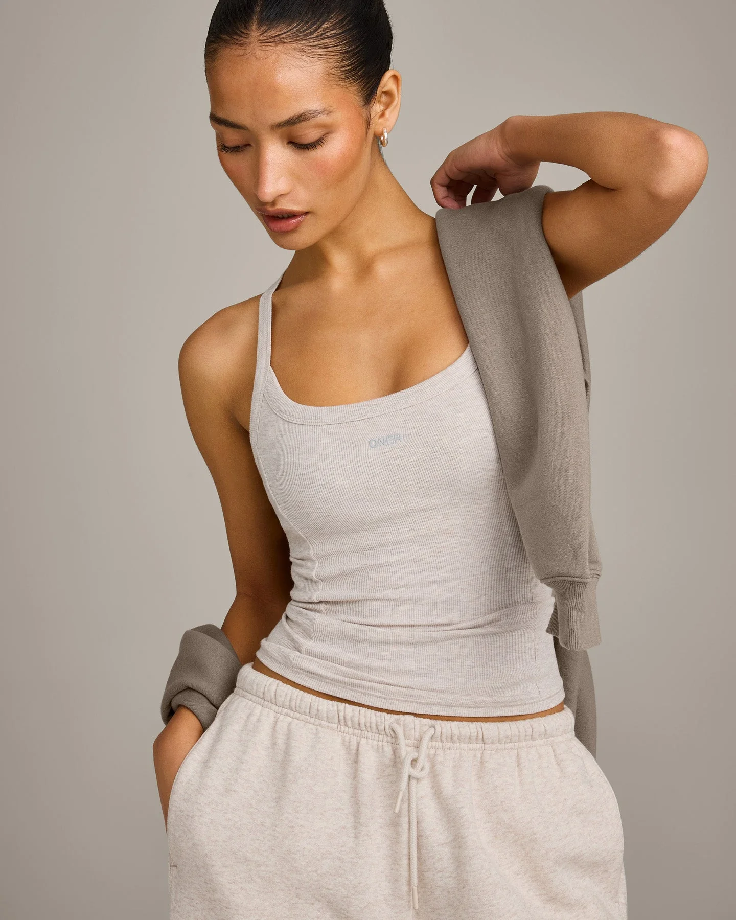 Mellow™ Rib Racer Back Vest with Built in Bra Shelf | Oat Marl - Image 3