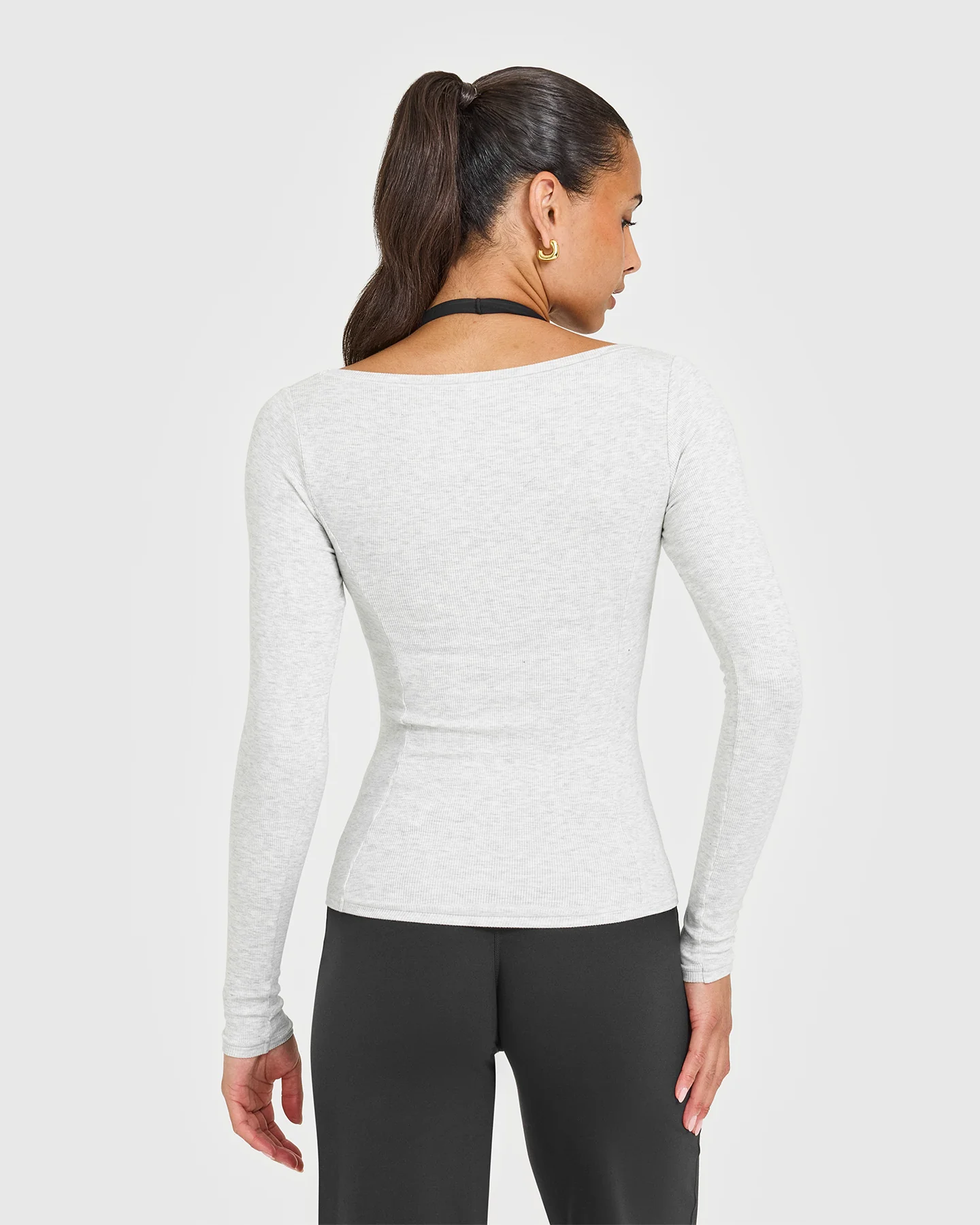 Mellow™ Rib V Neck Long Sleeve Top | Light Grey Marl - Image 2