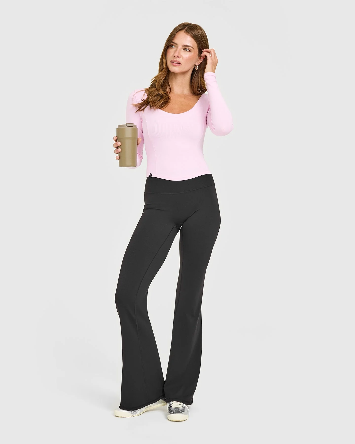 Mellow™ Rib V Neck Mid Long Sleeve Top | Chalk Pink - Image 3