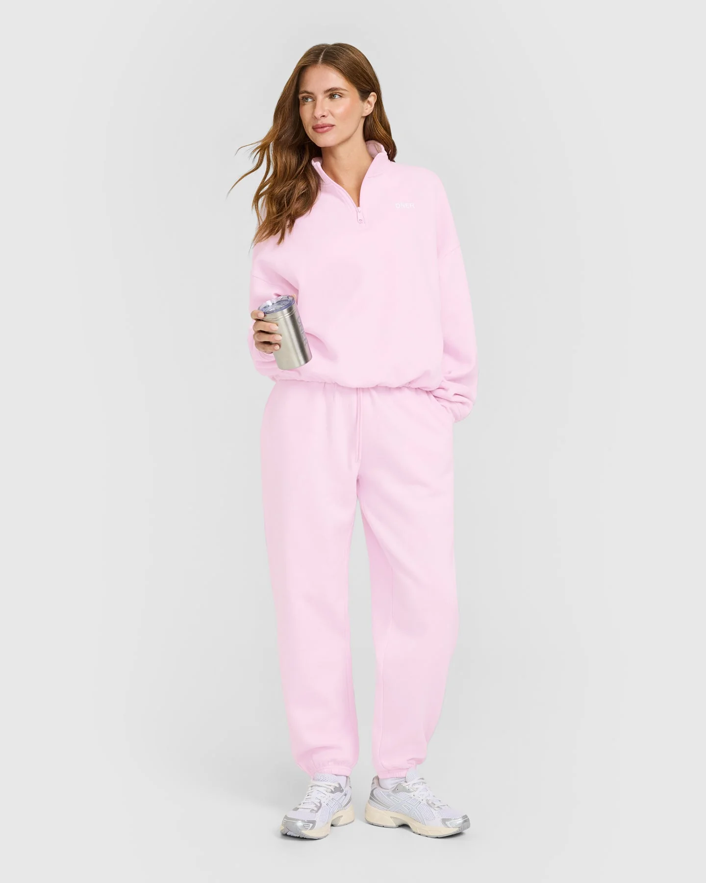 Mid Weight 1/4 Zip Sweatshirt | Chalk Pink - Image 3