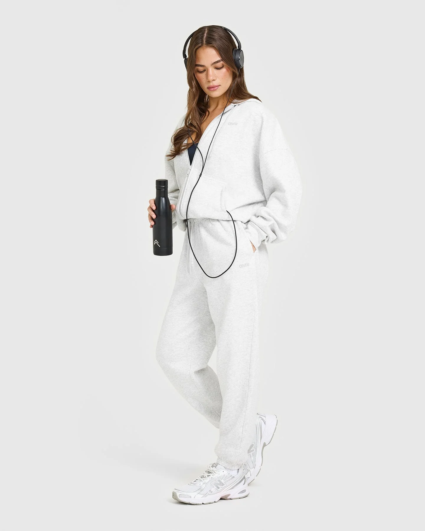 Mid Weight Relaxed Zip Through Hoodie | Light Grey Marl - Image 3