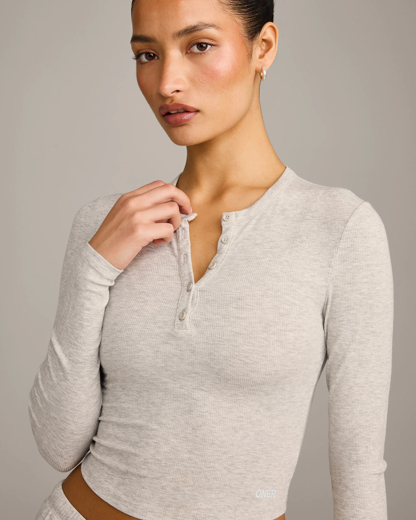 Oner At Home Night Button Down Long Sleeve Top | Oat Marl - Image 2
