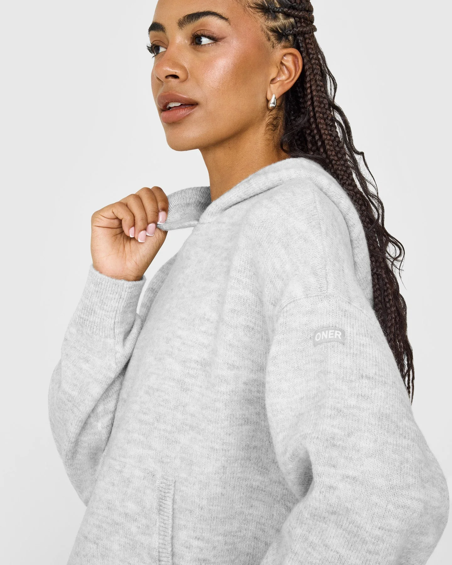 Oversized Knit Hoodie | Light Grey Marl - Image 2