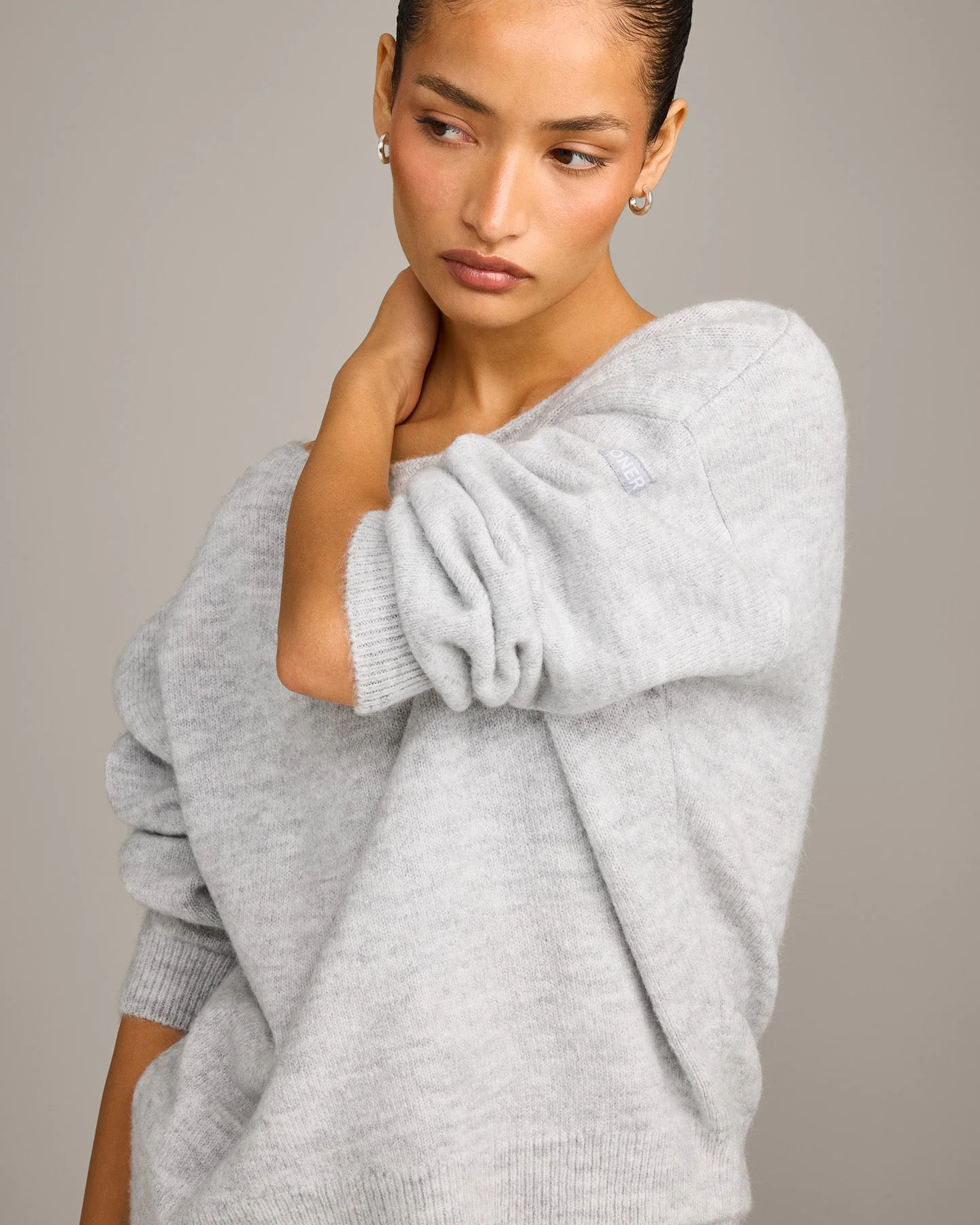 Oversized Knit Off-The-Shoulder Sweater | Light Grey Marl - Image 2
