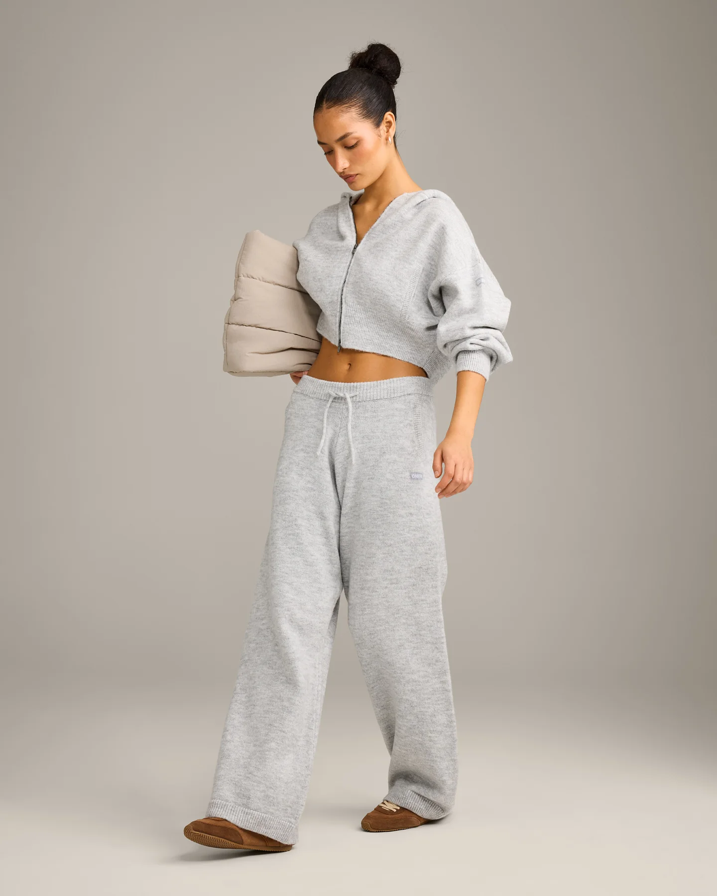 Oversized Knit Zip Through Mid Hoodie | Light Grey Marl - Image 3
