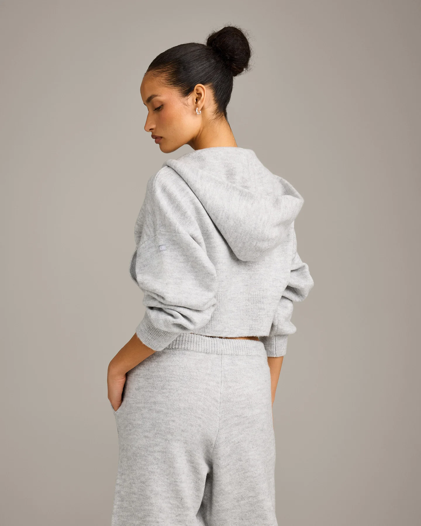 Oversized Knit Zip Through Mid Hoodie | Light Grey Marl - Image 6